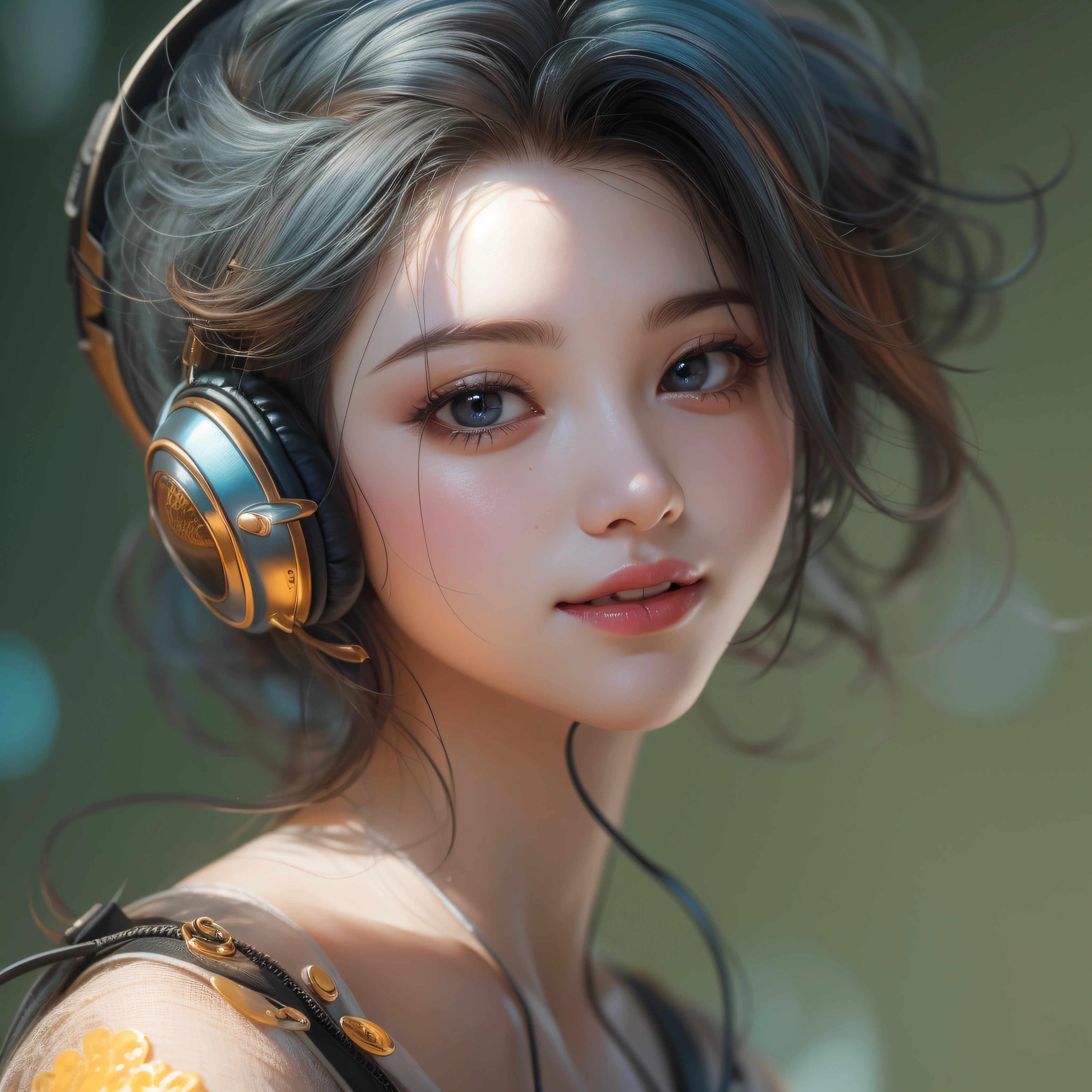 Close up of a smile with the corners of the mouth raised、Gorgeous headphones、punk fashion、(realisitic、hight resolution)、(1 girl in)、Do-Up Eye、Korean Girl、(Best Quality), (masutepiece), (1girl in), Solo, a beauty girl, Perfect face, Big Breast,dreamlikeart、Highly detailed airbrush art((Surreal))、Volumetric lighting、(top-quality)、The ultra-detailliert、(The composition of the movement:1.4)、Highly detailed colorful details、(Bright lighting)、dynamic compositions、Ray traching、The mirror reflects light、Shallow depth of field、ultra-detailliert、mixing exposure、nffsw、