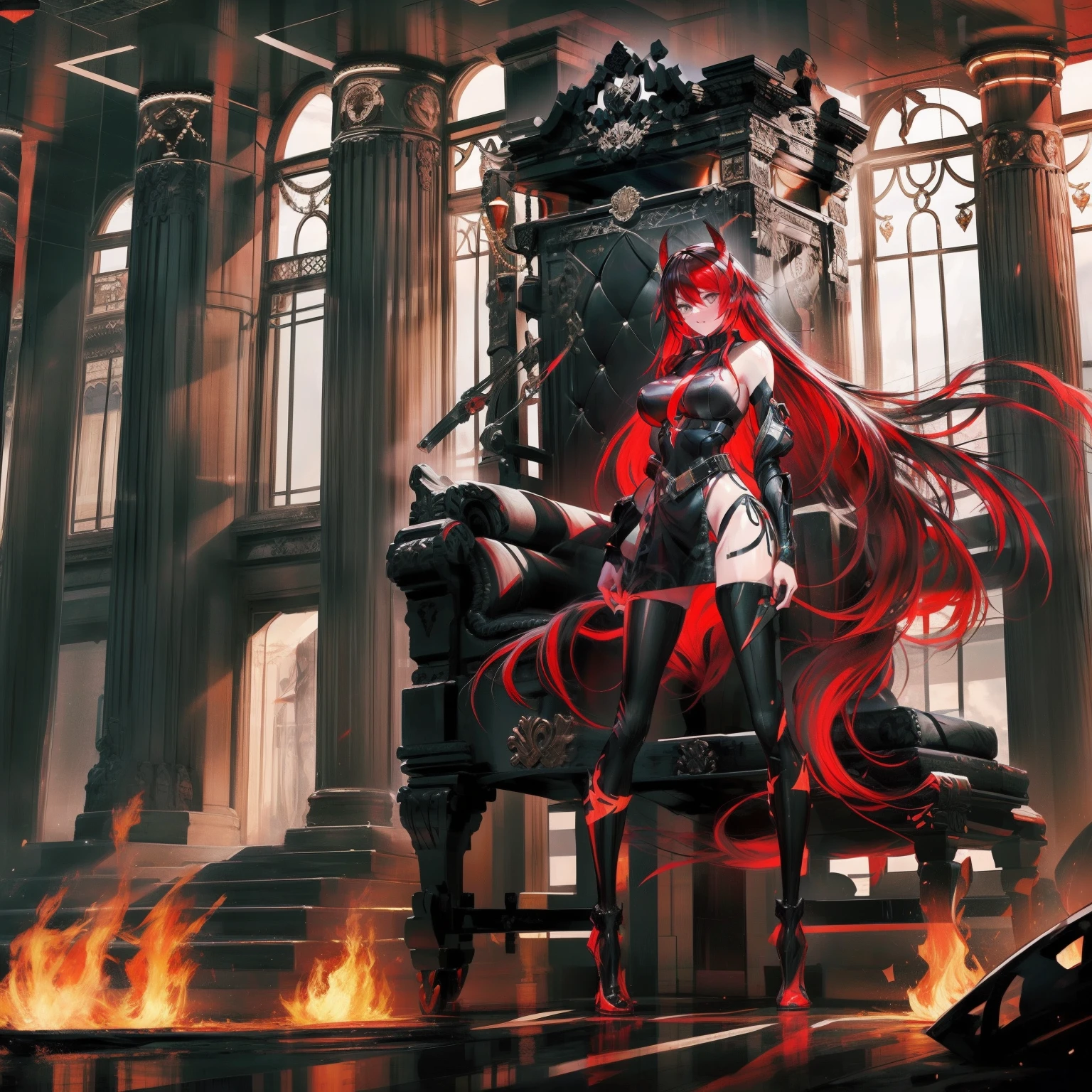 Adult beautiful woman, red long hair, yellow eyes, glowing eyes, fire, ancient, controll fire, exotic, mysterious