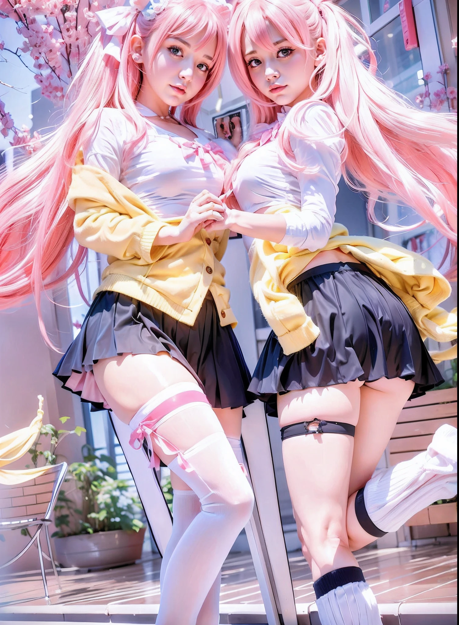 Two women in short skirts and stockings pose for a photo, double tails, Anime style mixed with Fujifilm, two beautiful anime girls, Anime cosplay, Anime girl cosplay, pink twintail hair and cyan eyes, cosplay, Anime girls, cosplay foto, twintails white_mitts, ecchi anime style, ayami kojima and lyde caldwell, Pink and yellow