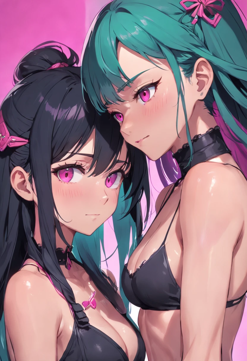 (melhor qualidade, master part), 2 muheres usando bikini, olhando uma para a outra vista lateral, The woman on the left is an emotionless psychopath, com cabelos castanhos e pontas verdes e rosas quentes, while wearing a black croptop with green eyes and smiling at the woman on the right, The woman on the right is emotionless and serious, She has black hair and has blue and pink braids while wearing a purple croptop with warm pink lips and there is a purple lighting on both women ;