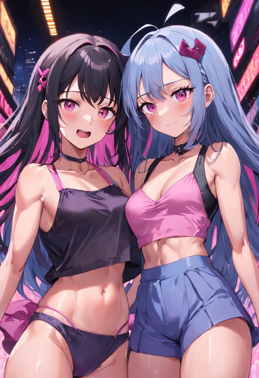 (melhor qualidade, master part), 2 muheres usando bikini, olhando uma para a outra vista lateral, The woman on the left is an emotionless psychopath, com cabelos castanhos e pontas verdes e rosas quentes, while wearing a black croptop with green eyes and smiling at the woman on the right, The woman on the right is emotionless and serious, She has black hair and has blue and pink braids while wearing a purple croptop with warm pink lips and there is a purple lighting on both women ;
