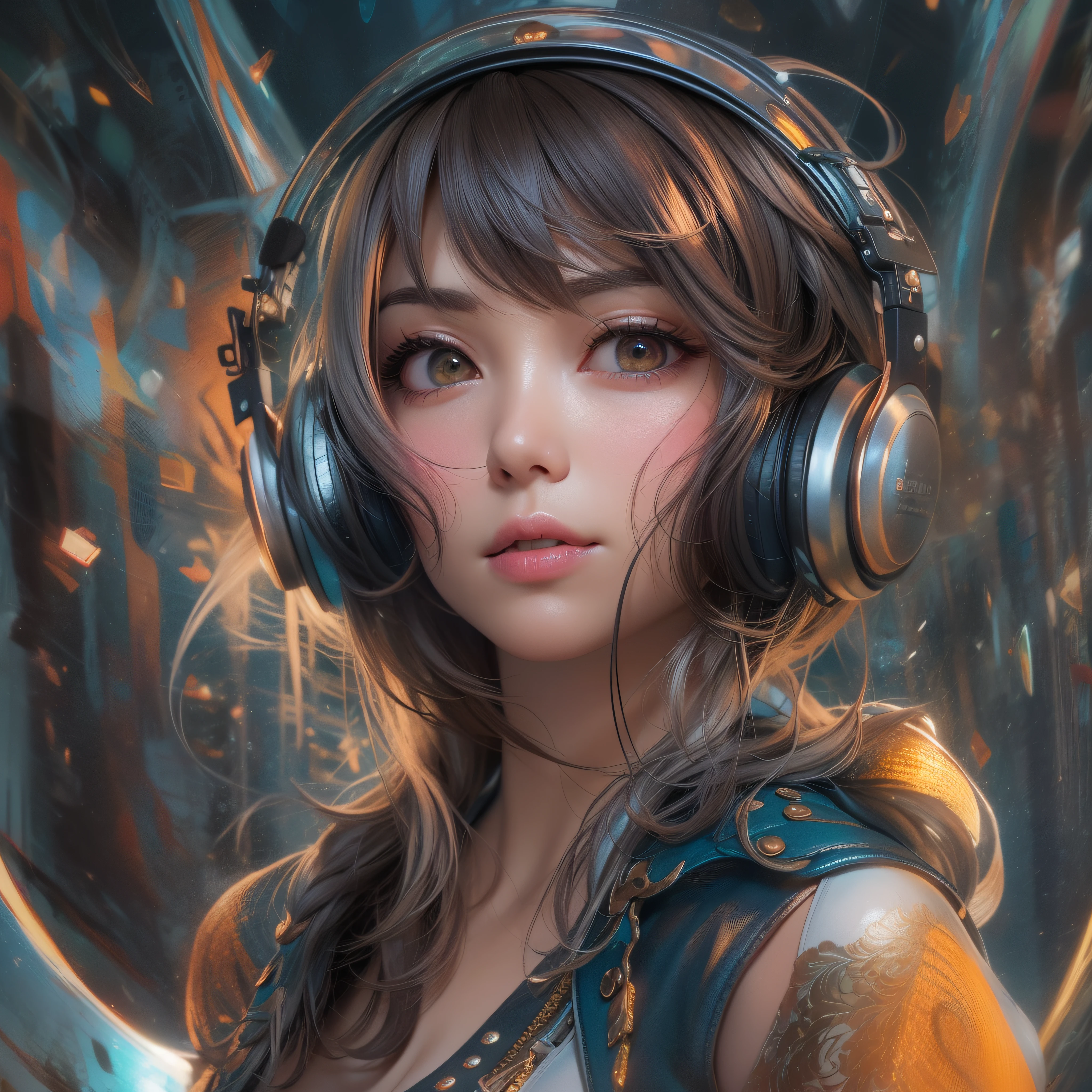 Close up of a smile with the corners of the mouth raised、Gorgeous headphones、punk fashion、(realisitic、hight resolution)、(1 girl in)、Do-Up Eye、Korean Girl、(Best Quality), (masutepiece), (1girl in), Solo, a beauty girl, Perfect face, Big Breast,dreamlikeart、Highly detailed airbrush art((Surreal))、Volumetric lighting、(top-quality)、The ultra-detailliert、(The composition of the movement:1.4)、Highly detailed colorful details、(Bright lighting)、dynamic compositions、Ray traching、The mirror reflects light、Shallow depth of field、ultra-detailliert、mixing exposure、nffsw、
