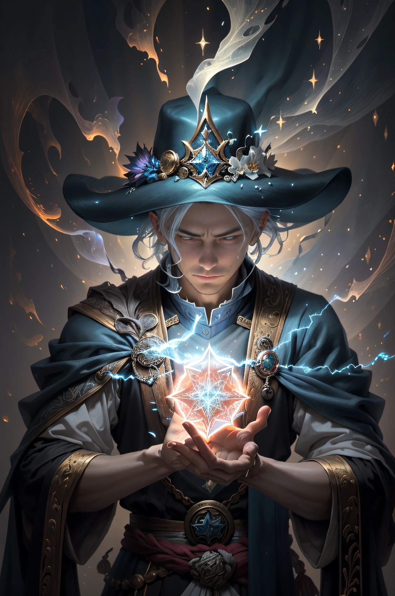 (((Masterpiece))), (((UHD))), (((Textured skin))), (((Super detail))), (((High details))), (((High quality))): Describe a Wizard in mystical robes, holding a gleaming crystal staff. The staff is adorned with arcane symbols and emanates an aura of power. The Magician is in the midst of a magical ritual, conjuring an area of effect magic. His hands are raised, and from the tips of his fingers burst beams of vibrant magical energy in intense colors. The scene is filled with vibrant colors, with the magic of the Magician creating a captivating visual spectacle. The magical rays intertwine in a complex pattern, forming a swirl of colors that spreads through the surrounding environment. Every detail of the magic is meticulously rendered, with textures and light effects that accentuate the pulsating energy. The Wizard's face reveals concentration and determination, his eyes shining with the intensity of the magic power summoned. Her attire is rich in detail, with flowing fabrics and adornments that reflect her expertise in arcane art. With the use of (((atmospheric perspective))), the image is captured at an angle that reveals magic spreading through the air and extending to the horizon, creating a sense of depth and realism. This image is a true work of art, with exceptional image quality and ultra high resolution (((UHD))). Each element, from the glow of the crystal on the staff to the magic rays in full flow, is worked with precision and care ((((super detail))). The vibrant colors and visual spectacle of the effect area magic create an impressive and engaging atmosphere. This high-quality magical representation is a celebration of the Magician's art and his mastery of arcane powers.
