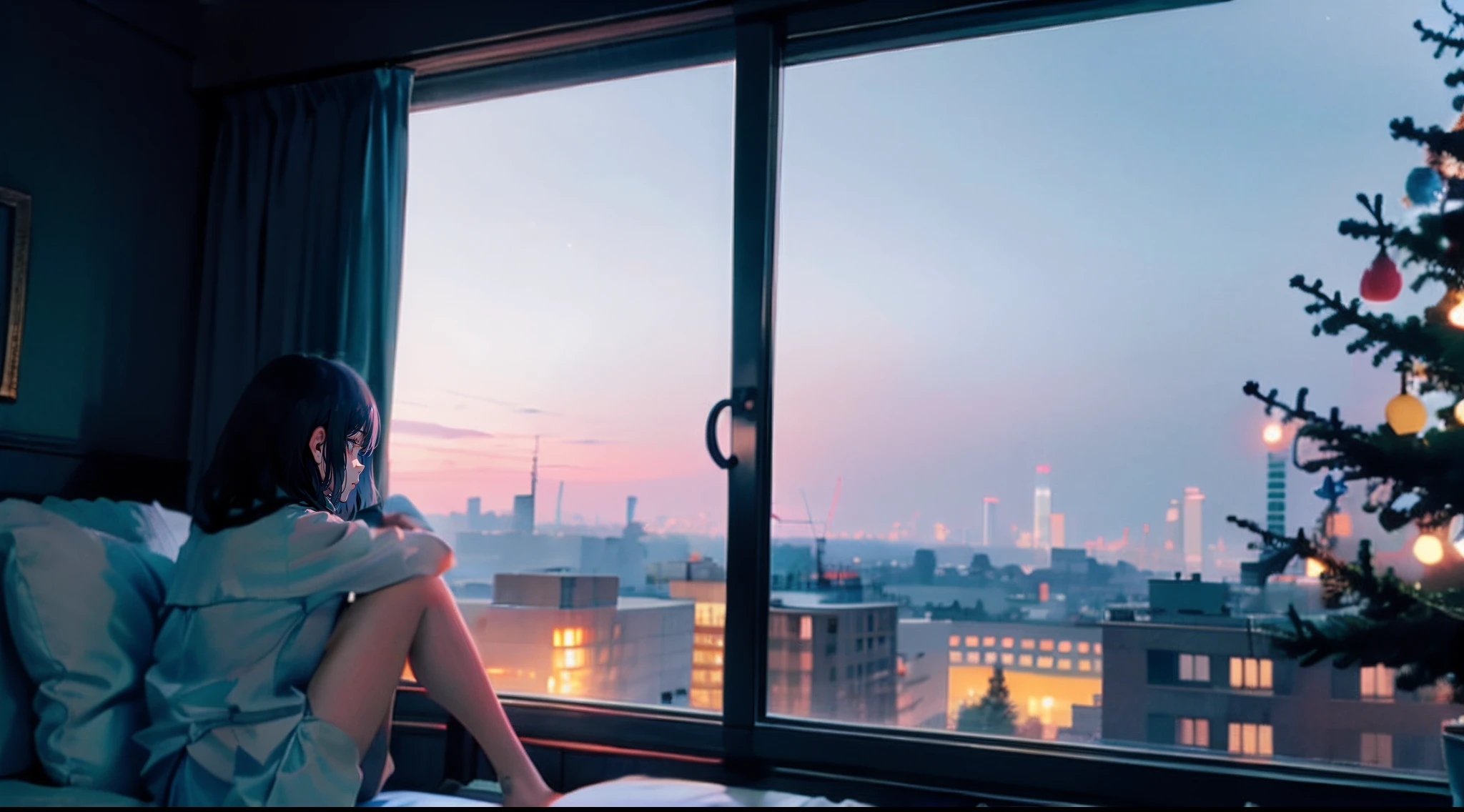 Girl sitting alone by the window,Night view of the city outside the window,The starry sky outside the window sparkles,Very lonely,A soft shimmer shines on the girl,Rich details inside the window,There are plush dolls inside the window,There are night lights on the inner walls of the windows,The girl looked at the scenery outside the window with a lonely back,The picture is hazy,the lighting is subdued