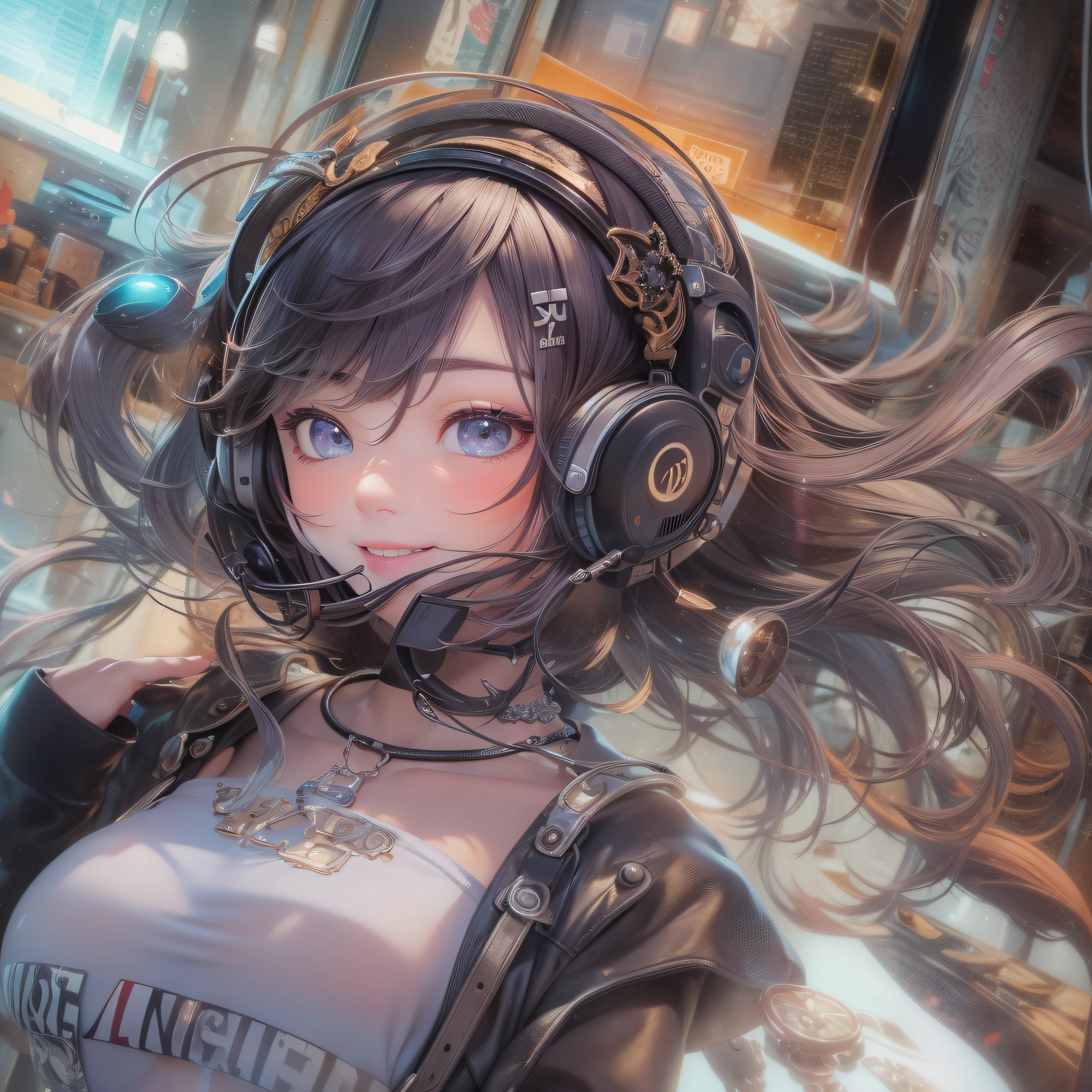 Close up of a smile with the corners of the mouth raised、Gorgeous headphones、punk fashion、(realisitic、hight resolution)、(1 girl in)、Do-Up Eye、Korean Girl、(Best Quality), (masutepiece), (1girl in), Solo, a beauty girl, Perfect face, Big Breast,dreamlikeart、Highly detailed airbrush art((Surreal))、Volumetric lighting、(top-quality)、The ultra-detailliert、(The composition of the movement:1.4)、Highly detailed colorful details、(Bright lighting)、dynamic compositions、Ray traching、The mirror reflects light、Shallow depth of field、ultra-detailliert、mixing  exposure、nffsw、