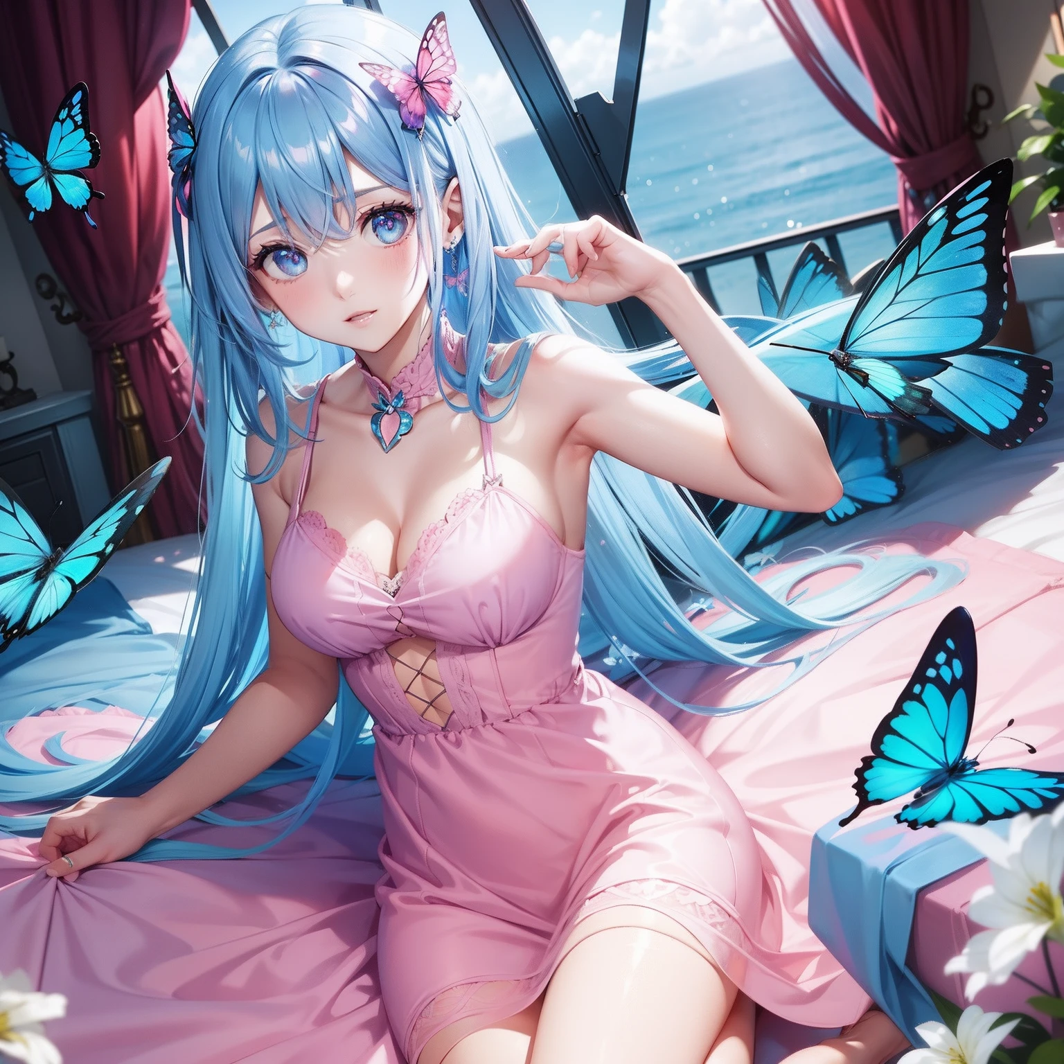 a women, blue butterfly, blue hair, pink eyes, pink dress