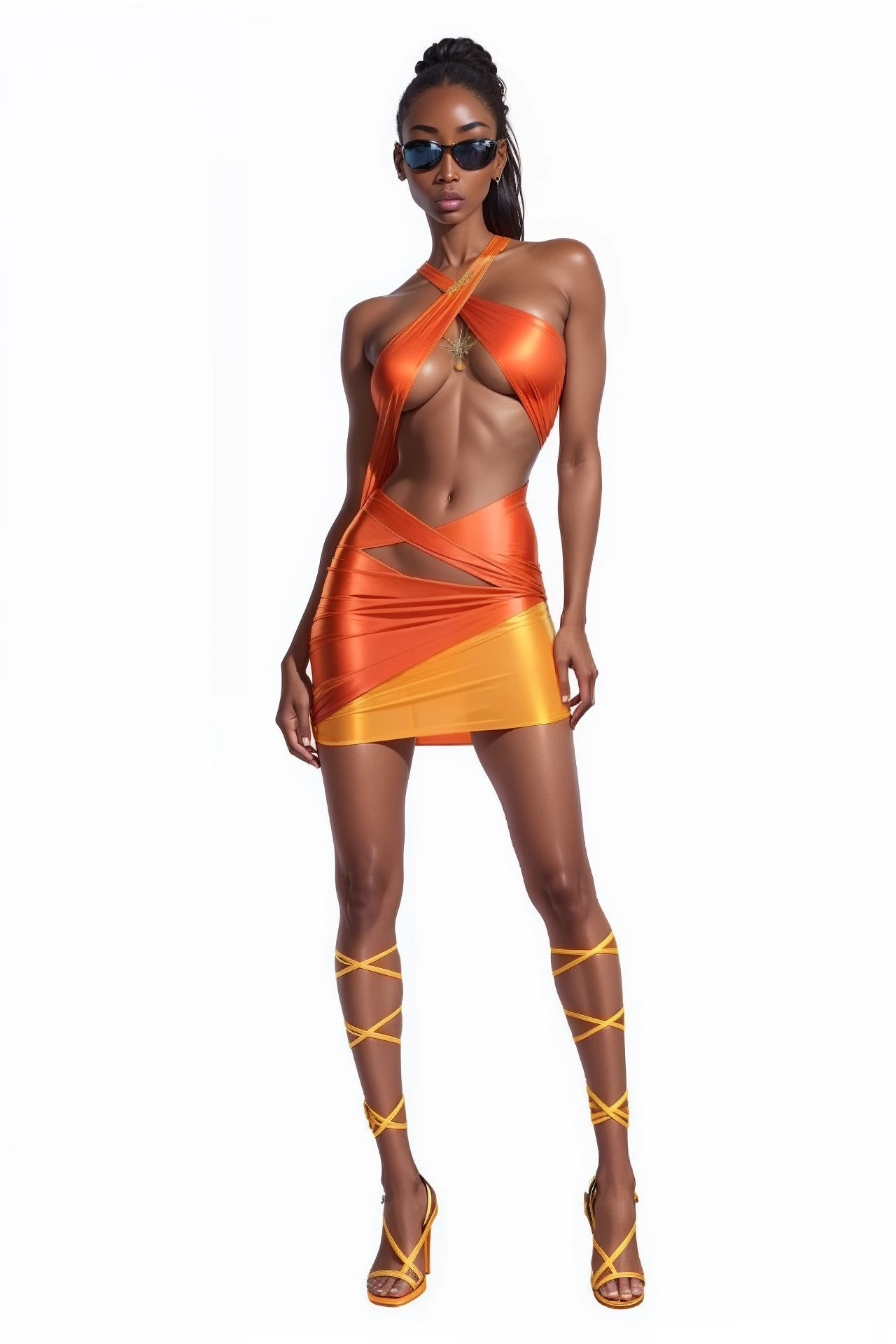 A woman in an orange dress and sandals posing for a photo, vestido de fogo, roupa leeloo, roupa rave, intertwined full body view, mistura de estilo do homem queimador, Roupa rave ousada, roupa rave bonito, Mugler, roupa rave divertida, gradiente laranja, roupa rave selvagem, vestido feito de fogo, ( ( pele escura ) ), traje laranja e amarelo ilustracao 3d moda fashion