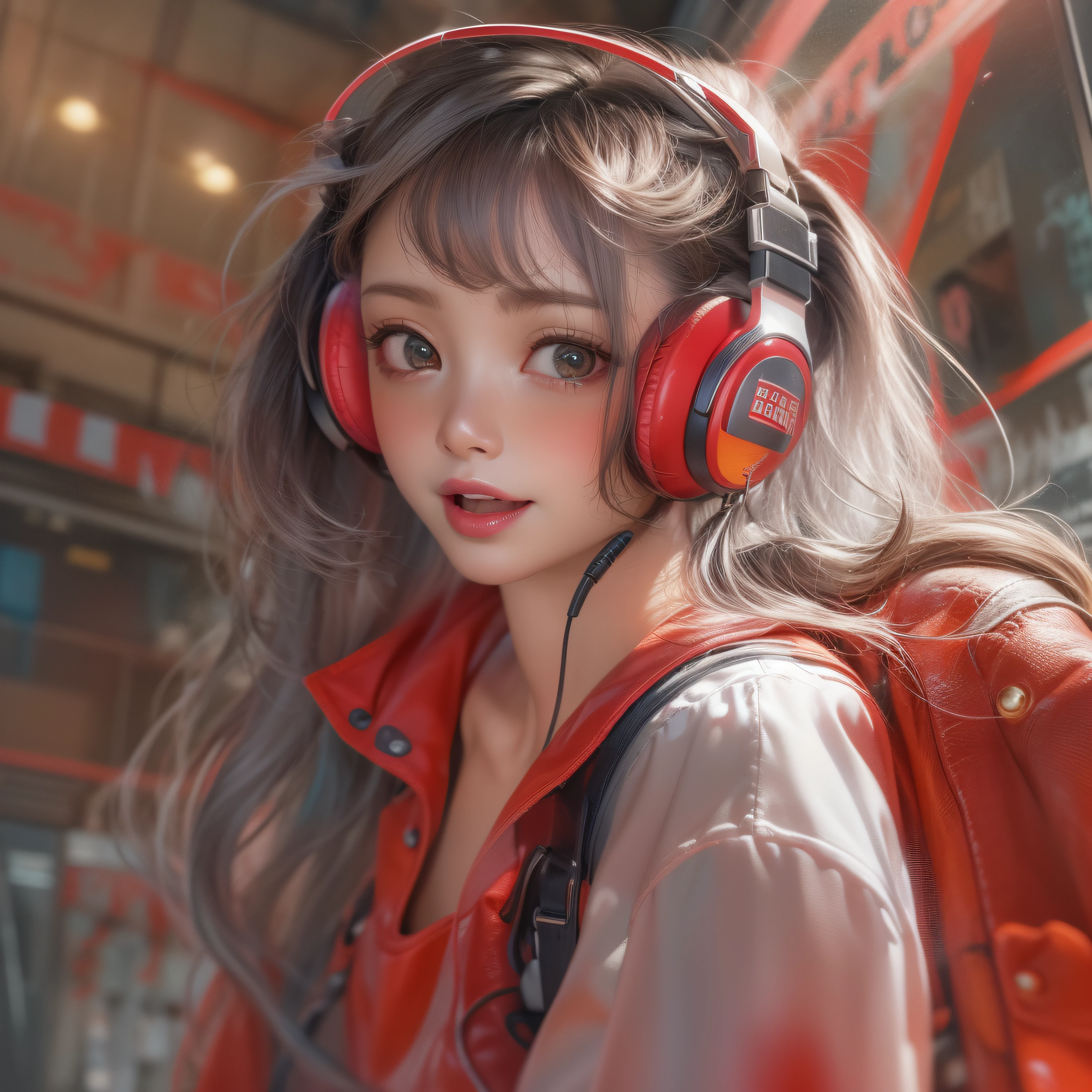 Close up of a smile with the corners of the mouth raised、Gorgeous red headphones、Pink Punk Fashion、(realisitic、hight resolution)、(1 girl in)、Do-Up Eye、Korean Girl、(Best Quality), (masutepiece), (1girl in), Solo, a beauty girl, Perfect face, Big Breast,dreamlikeart、Highly detailed airbrush art((Surreal))、Volumetric lighting、(top-quality)、The ultra-detailliert、(The composition of the movement:1.4)、Highly detailed colorful details、(Bright lighting)、dynamic compositions、Ray traching、The mirror reflects light、Shallow depth of field、ultra-detailliert、mixing  exposure、nffsw、