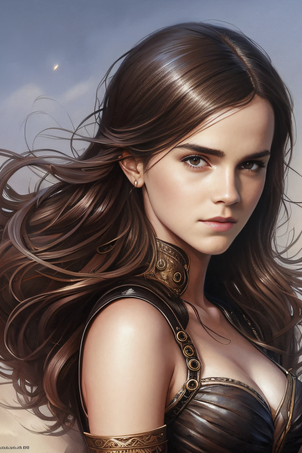 Emma Watson como bela mulher steampunk impressionante, ((corpo inteiro)), olhos ultra-detalhados, corpo ultra-detalhado, Nice perfect face with smooth skinice perfect face, corpo feminino deslumbrante, ((ultra-detailed hands)), obra-prima conceito de arte de fantasia, trending in artstation, hiper-detalhado, Arte Digital, Motor irreal, 32k, Ultra HD |, Imagem centralizada, arte de Luis Royo e artgerm e greg rutkowski e Alphonse Much