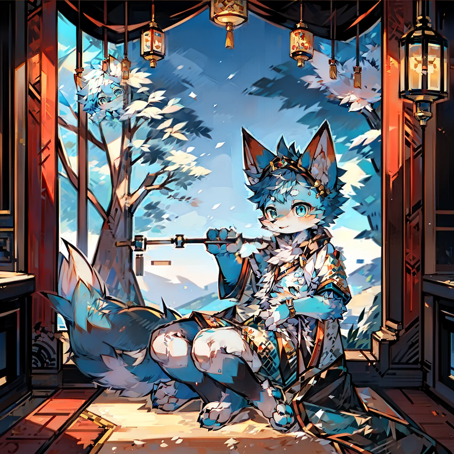 girl fox,eBlue eyes,Blue hair,Traditional Chinese clothing,palaces