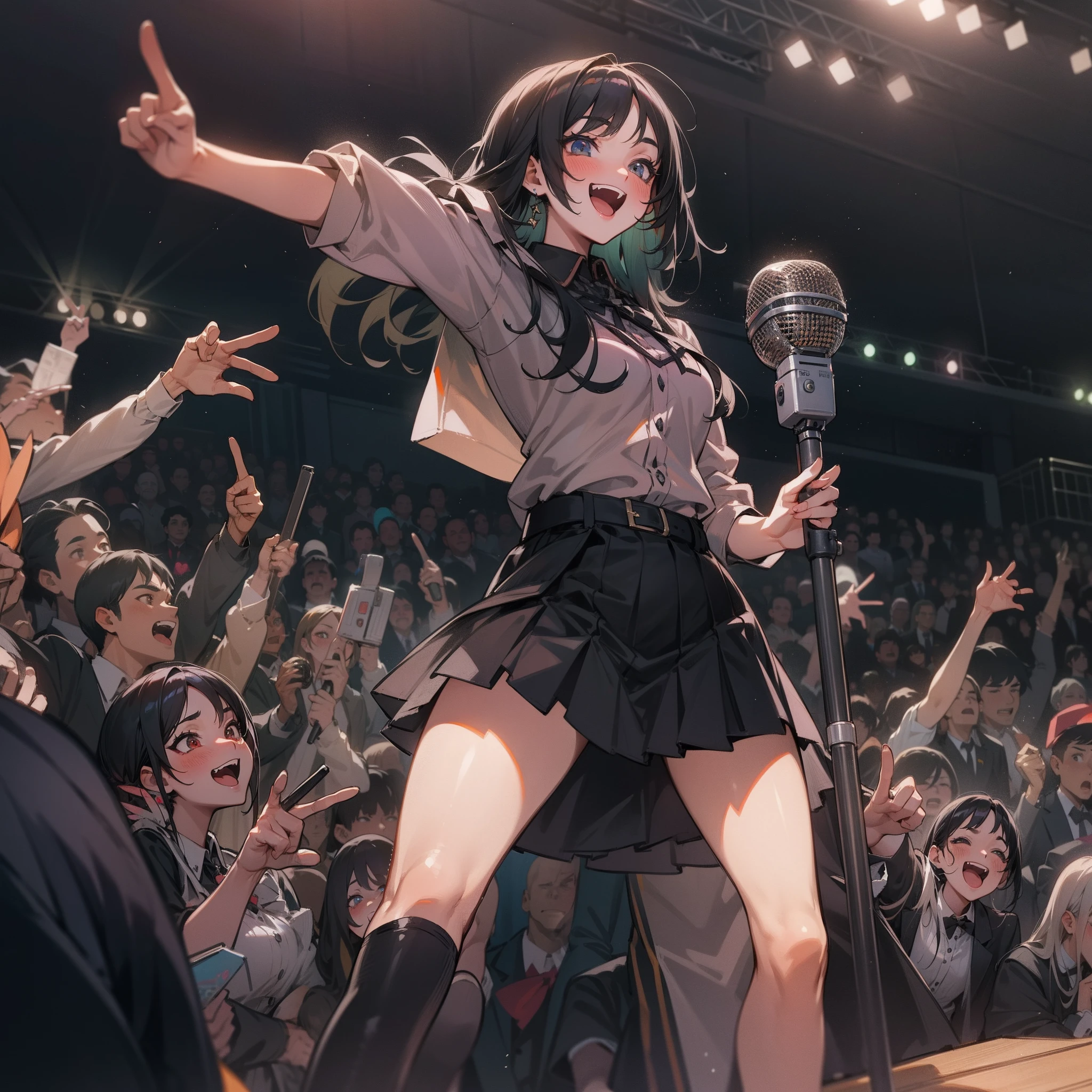 This is a image of a girl singing on the stage looking at her fans, masterpiece, 8k, very highly detailed concert background, very highly detailed crowded fans Scenario, anime idol, idol, black hair, sharp eyes, sharp face, black shirt, black skirt, one leg fully raised while the other leg rest on the floor, one arm pointing towards the fans while the the other arm is holding the microphone towards the mouth, open mouth, fangs out, smiling, blushing