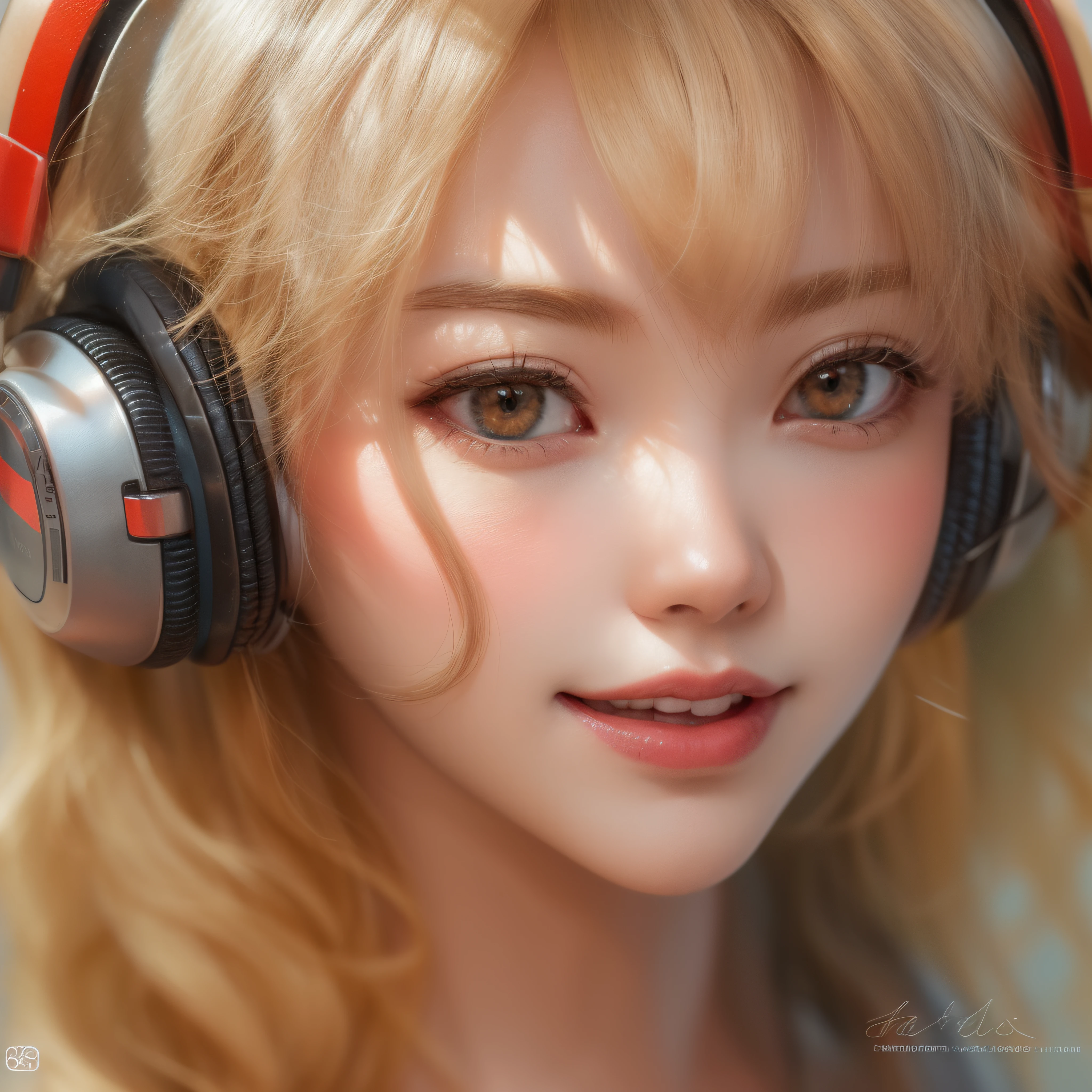Close up of a smile with the corners of the mouth raised、Gorgeous red headphones、Pink Punk Fashion、(realisitic、hight resolution)、(1 girl in)、Do-Up Eye、Korean Girl、(Best Quality), (masutepiece), (1girl in), Solo, a beauty girl, Perfect face, Big Breast,dreamlikeart、Highly detailed airbrush art((Surreal))、Volumetric lighting、(top-quality)、The ultra-detailliert、(The composition of the movement:1.4)、Highly detailed colorful details、(Bright lighting)、dynamic compositions、Ray traching、The mirror reflects light、Shallow depth of field、ultra-detailliert、mixing exposure、nffsw、