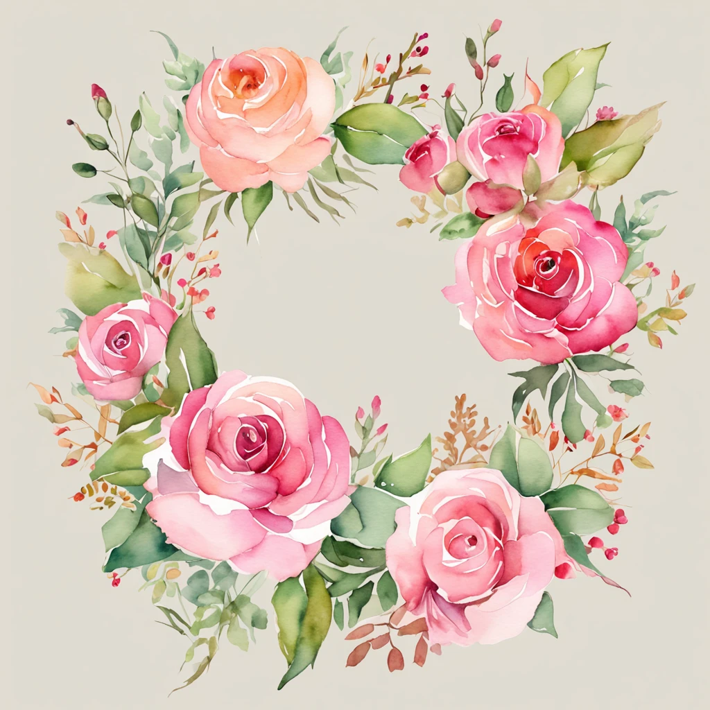 wreath, Floral frame, Delicate watercolor flowers in shades of pink and vibrant rose, Engaging illustrations.