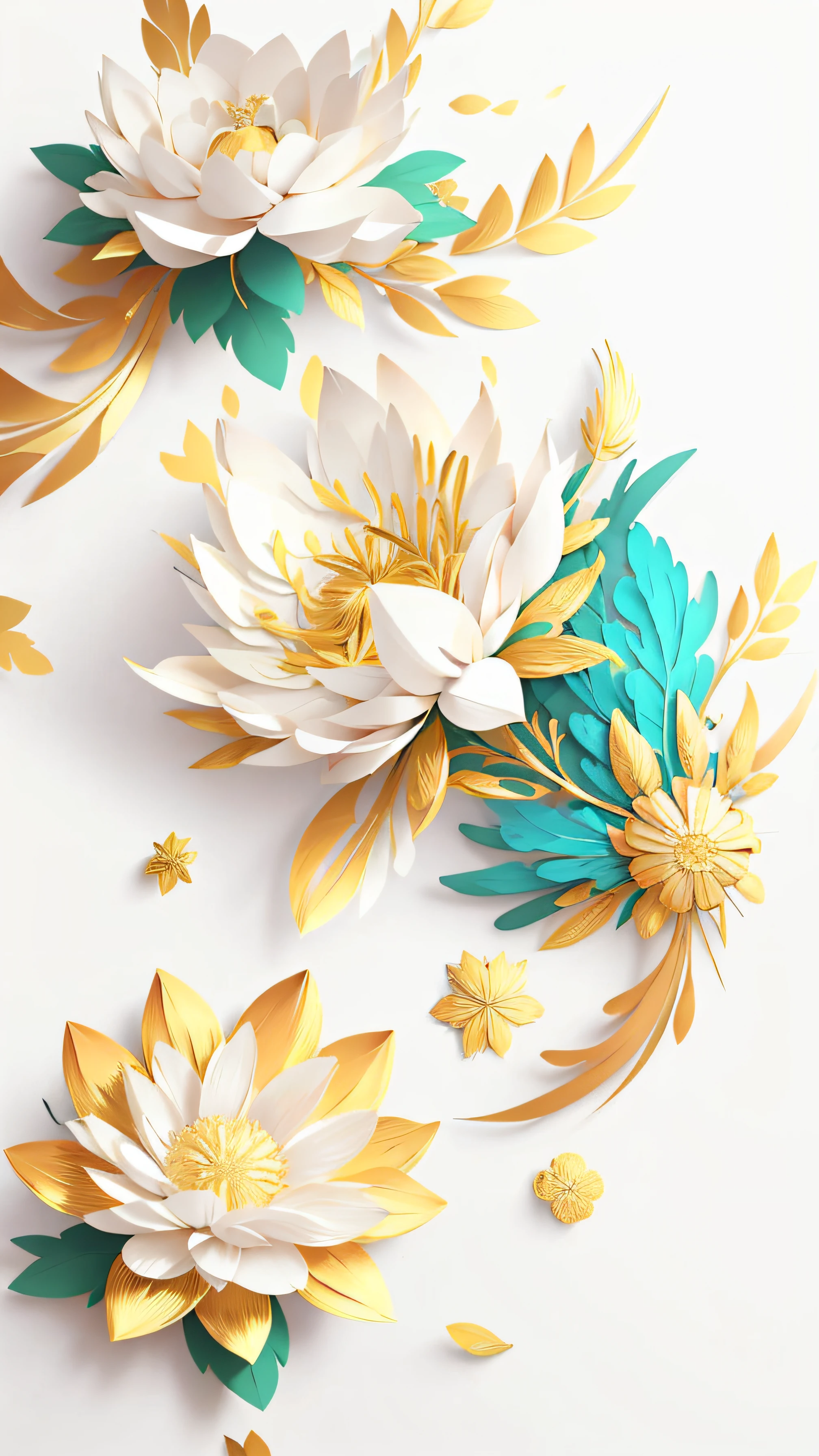 A design of flowers and feathers on a white background, gold chaotic flowers, gilded. Boho flower vines, flowers and gold, painted background with flowers, fantasy flowers and leaves, gold foil flowers, gold feathers, gold flowers, falling feathers, floral dream background, turquoise and gold pattern