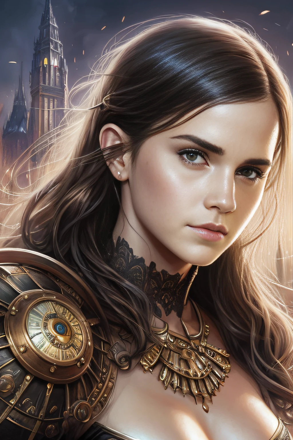 Emma Watson como bela mulher steampunk impressionante, ((corpo inteiro)), olhos ultra-detalhados, corpo ultra-detalhado, Nice perfect face with smooth skinice perfect face, corpo feminino deslumbrante, ((ultra-detailed hands)), obra-prima conceito de arte de fantasia, trending in artstation, hiper-detalhado, Arte Digital, Motor irreal, 32k, Ultra HD |, Imagem centralizada, arte de Luis Royo e artgerm e greg rutkowski e Alphonse Much