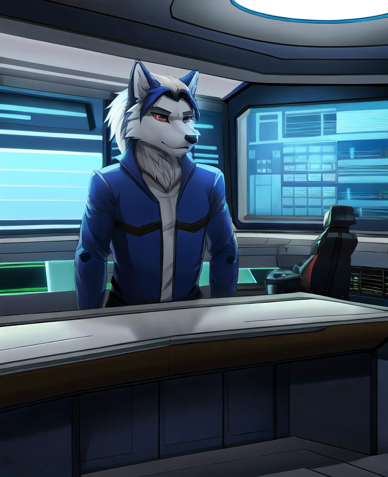 Pupil blue,Grey throughout,anthropomorphic wolf,Stand in the control room of the spacecraft,There is a holographic screen in front of you。
