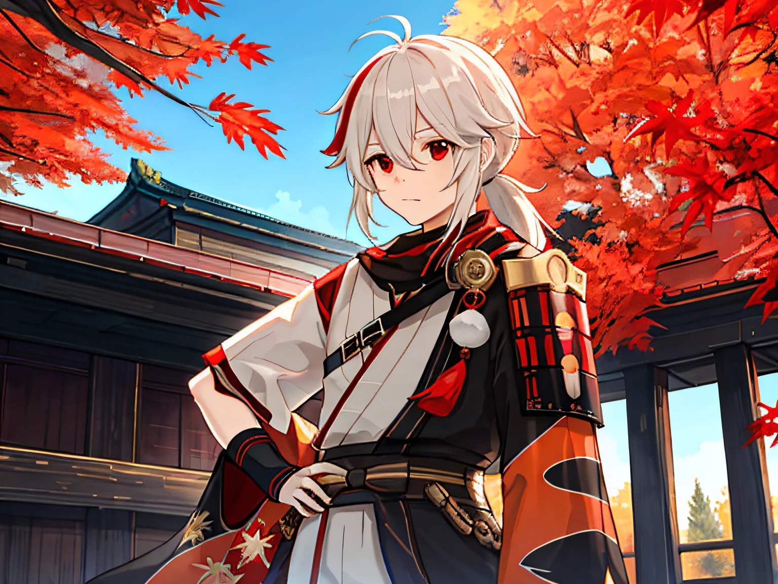 masterpiece, best quality, maple manyo, male focus, 1boy, solo, red eyes, bangs, multicolored hair, japanese clothes, striped hair, red hair, hair between the eyes, weapon, sword, armor, japanese armor, white hair, shut up, ponytail, outdoors, tassel, looking at the audience, castle tower, (kbxll:0.6)