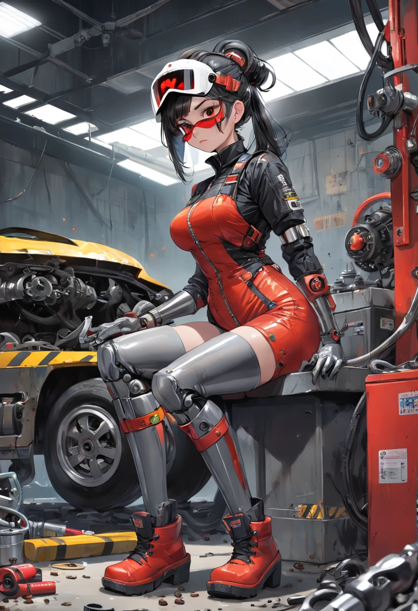 "A masterpiece illustration of masterpiece, best quality, ultra-detailed, illustration, 1girl, solo, shiny, reflective, latex, work suit, voluptuous, body, squatting, detailed, work shoes, messy, workshop, industrial, high heels, black, red, silver, metallic, gloves, goggles, protective, equipment, machinery, tools, sparks, dirt, grime, oil, stains, sweat, exhaust, pipes, gauges, dials, buttons, levers, cables, wires, hydraulic, systems, hydraulic press, crane, pulley, welding, torch, grinder, drill, saw, hammer, screwdriver, wrench, pliers, spanner, toolbox, fire extinguisher, first aid kit, ventilation, ducts, light fixtures, emergency exit, warning signs, caution tape, posters, calendar, coffee mug, dirty, workbench, storage, shelves, bins, lockers, hard hat, safety vest, ear muffs, face shield, respirator, smoke, fumes, debris, concrete floor, concrete walls, metal beams, rivets, bolts, screws, nuts, washers, chains, ropes, hooks, clamps, magnets, bearings, lubricants, fluids, solvents, adhesives, lubrication, maintenance, repair, overhaul, upgrade, installation, assembly, fabrication, customization, prototype, research, development, testing, quality control, inspection, certification, compliance, regulation, standard, efficiency, productivity, innovation, excellence, satisfaction, teamwork, dedication, professionalism, empowerment, diversity, equality, respect, safety culture, industrial fashion, sci-fi, cyberpunk, dystopian
as a skilled Mechanic fixing a car, showcasing perfect body proportions and a flawlessly detailed head, in high definition."