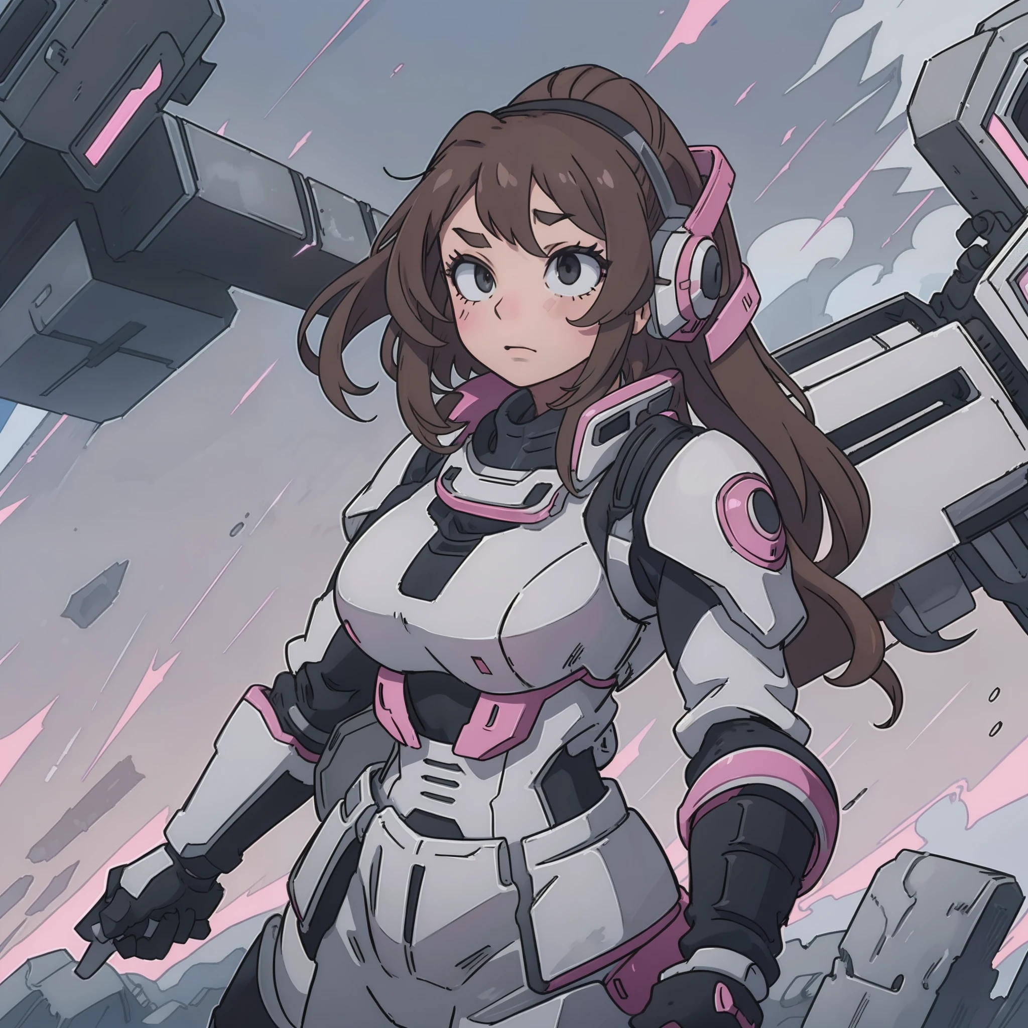 "Masterpiece high-quality: Ochaco, hero academia ochacu wearing armor: feminine thick steel-grey gundam armor, sleek and robust, powerful and awe-inspiring, detailed craftsmanship, futuristic design, thigh boots, heroic pose, looking at viewer, (steel-grey with white, black, and pink highlights), brown hair, a large medieval castle in background, peaceful setting, thick forested mountain sits far away