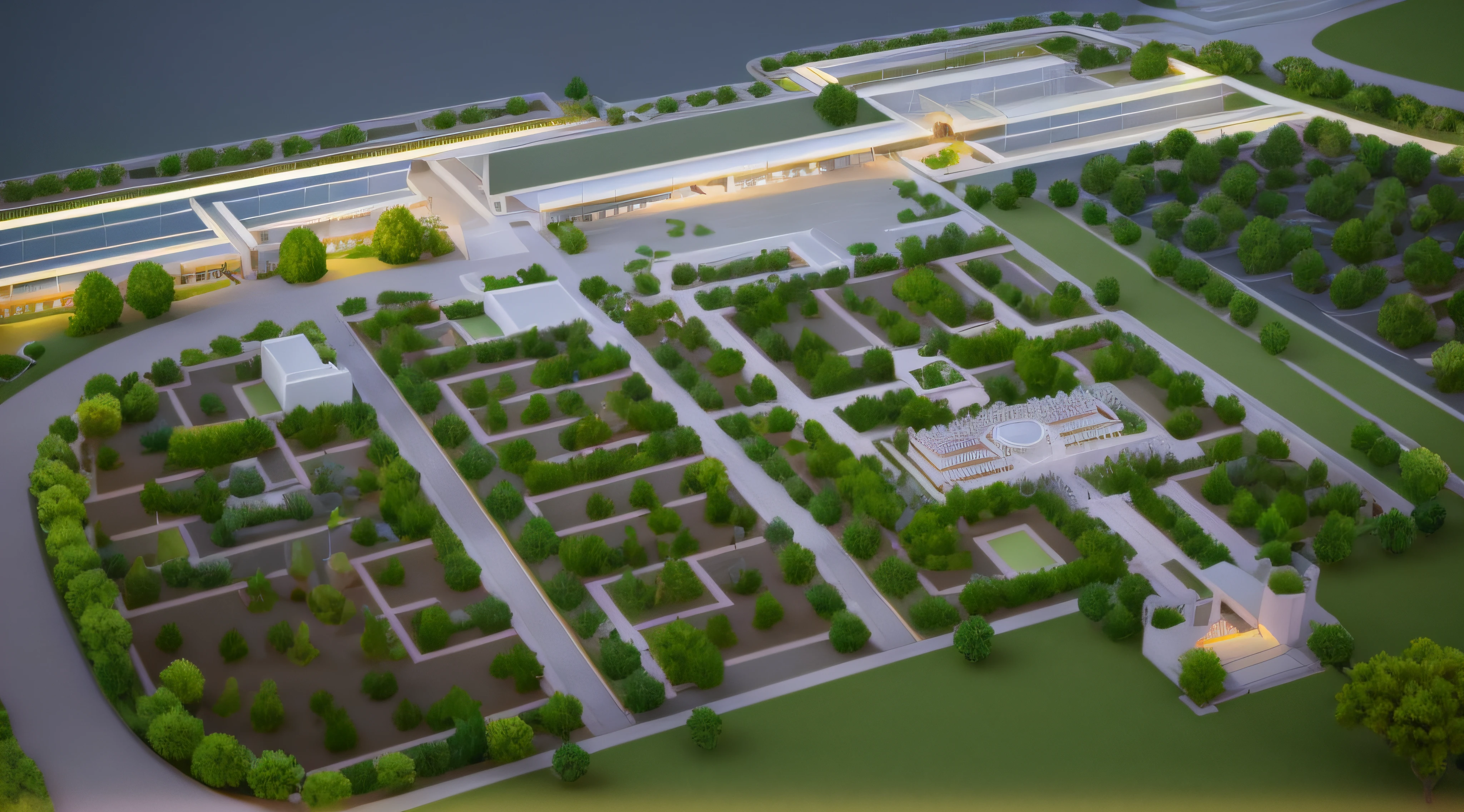 Alfid view,There are walkways with trees and bushes in the middle, royal garden landscape, volumetric evening lights, night time render, royal garden background, Park background, Render in Vray, 3 d render even lit, beautiful landscape rendering, highly detailed render, rendered in vray, 3 d landscape, 3D landscape,Two-dimensional tree,Night lighting,