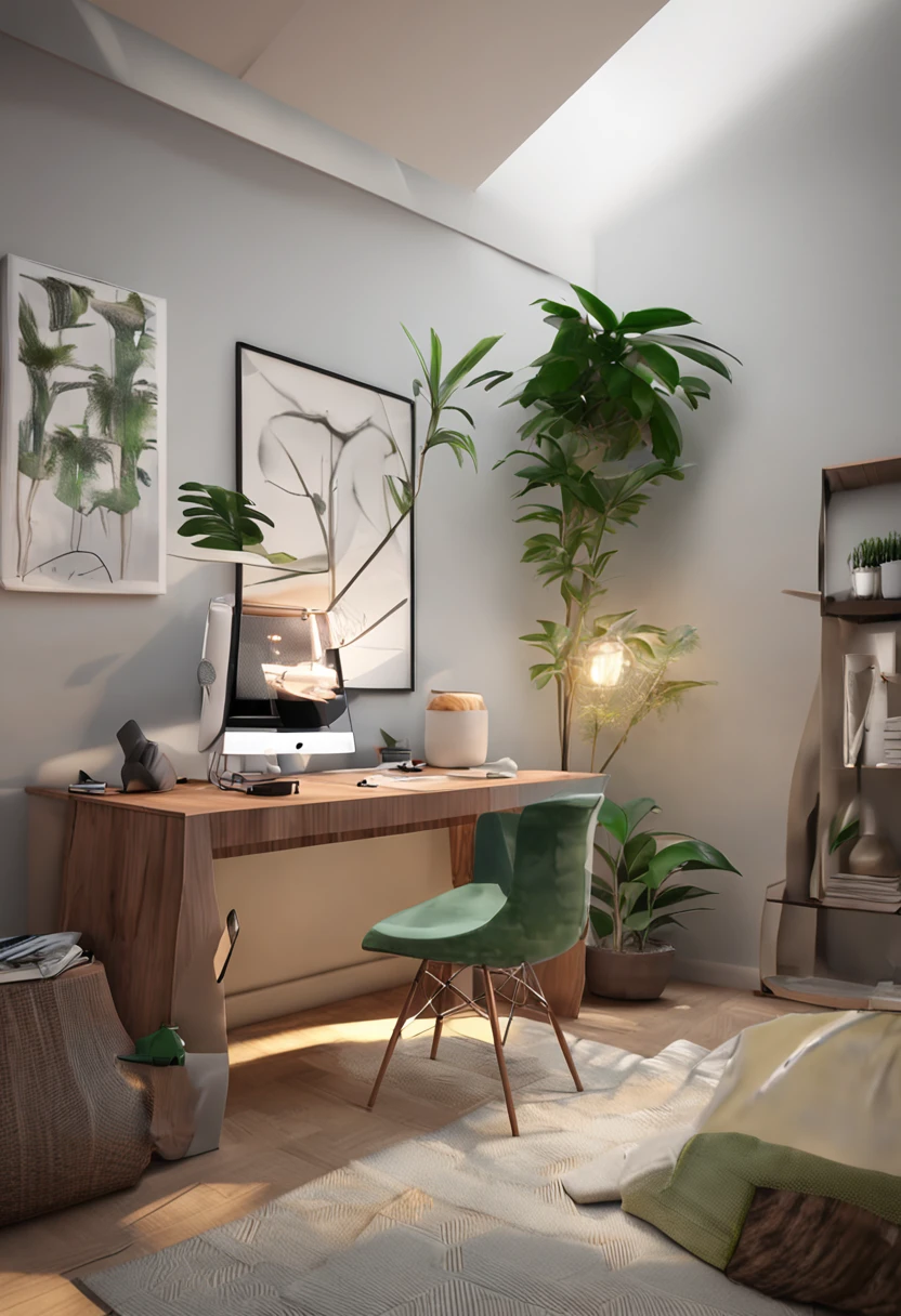 You are a famous interior designer,and was commissioned to create a 3D image of a modern large study. Create a harmonious environment with modern and minimalist furniture. Some houseplants are included,Make it look fresher.
