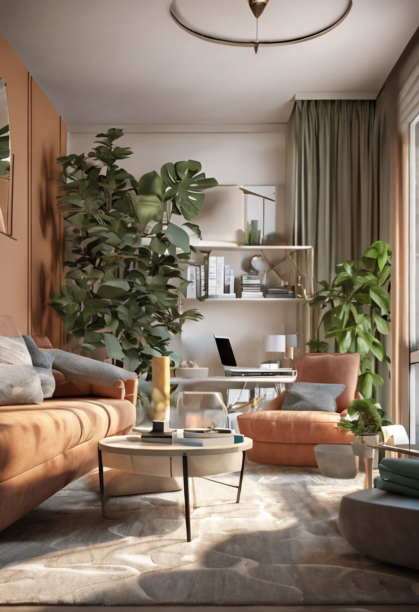 You are a famous interior designer，and was commissioned to create a 3D image of a modern large study. Create a harmonious environment with modern and minimalist furniture. Some houseplants are included，Make it look fresher.