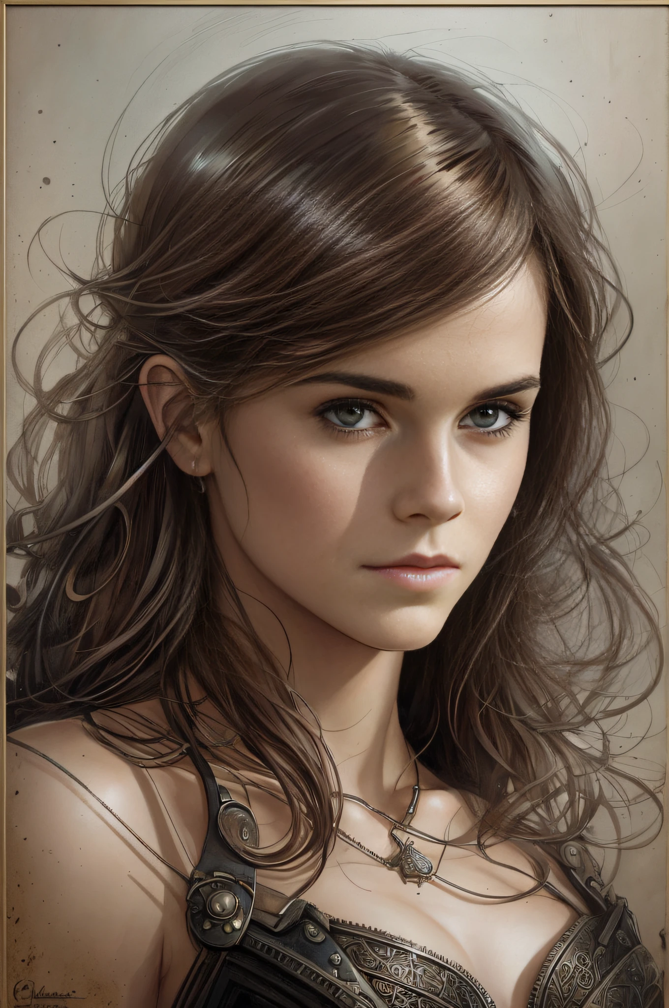 Emma Watson como bela mulher steampunk impressionante, (corpo inteiro), olhos ultra-detalhados, corpo ultra-detalhado, Nice perfect face with smooth skinice perfect face, corpo feminino deslumbrante, ((ultra-detailed hands)), obra-prima conceito de arte de fantasia, trending in artstation, hiper-detalhado, Arte Digital, Motor irreal, 32k, Ultra HD |, Imagem centralizada, arte de Luis Royo e artgerm e greg rutkowski e Alphonse Much