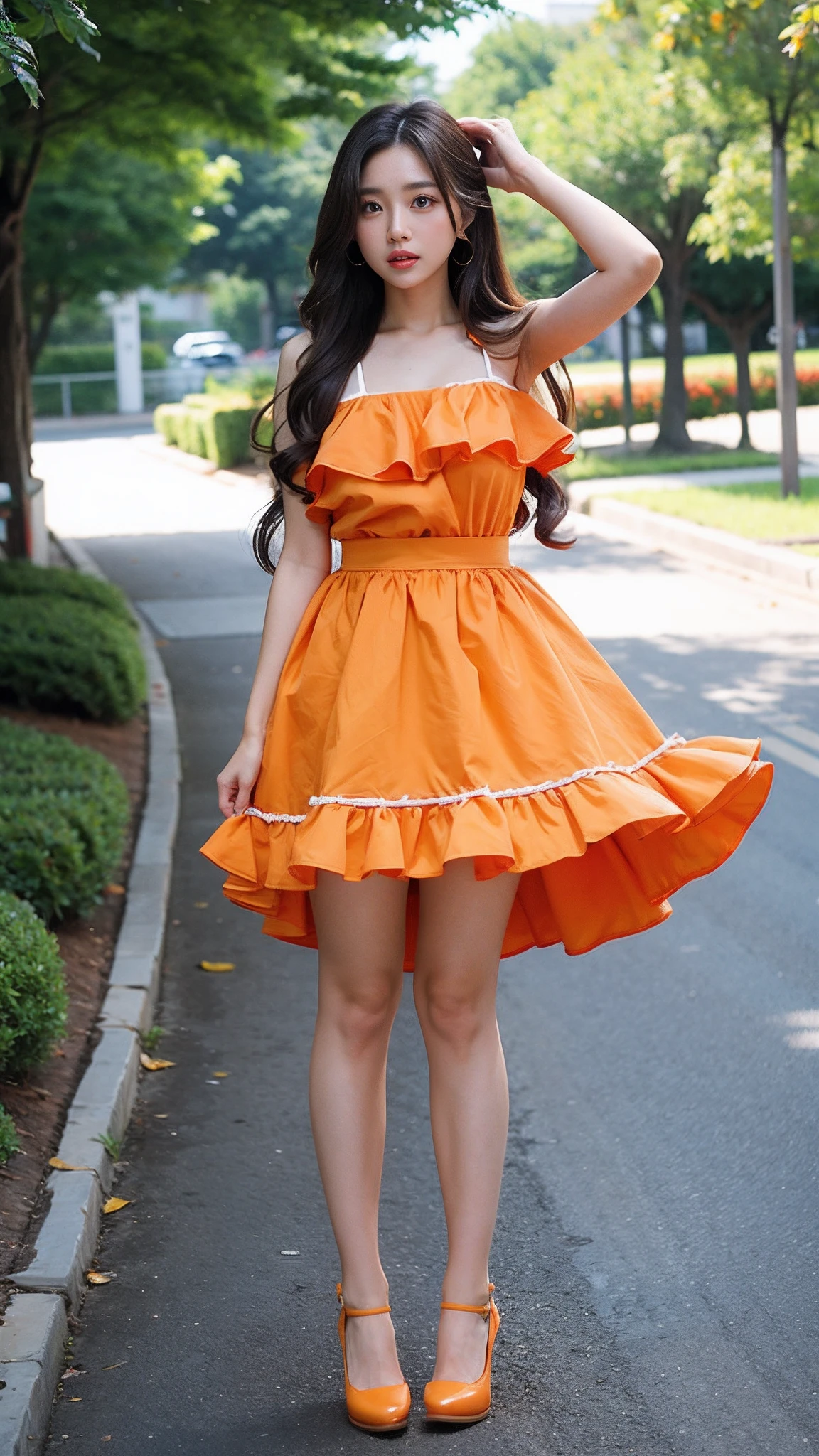 1girl,full-body,large breasts,summer dress,brown eyes,flip ped hair,(long legs:1.2),pout,red waist band,yellow songmo,orange with whit echestpo skirt,frilled socks,spiked shoes,