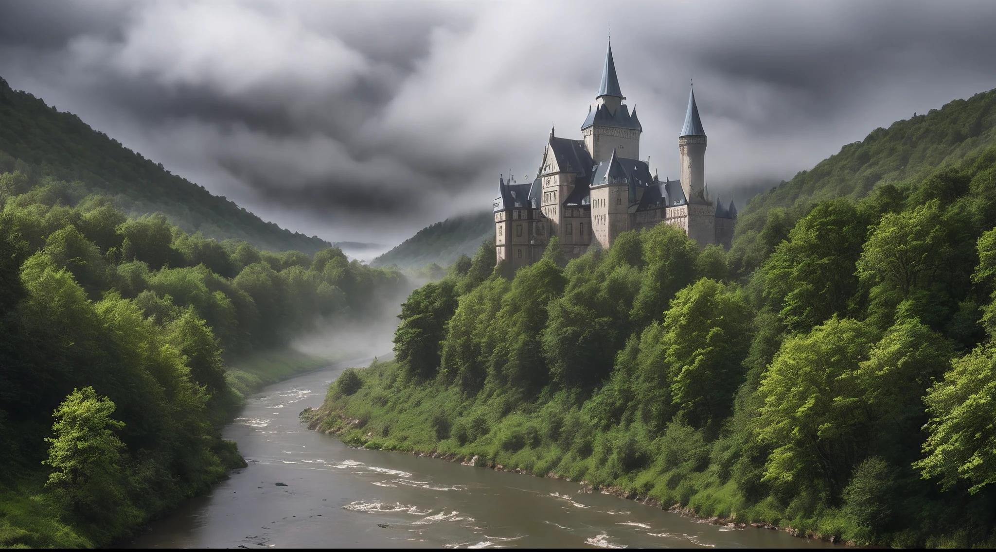 A huge tall Gothic red brick castle on a high hill in a coniferous forest, Hilly terrain, The river flowing next to the castle, Large cloudiness, Fog in the lowlands above the river, jour, high picture quality, High definition of the picture, max detail.