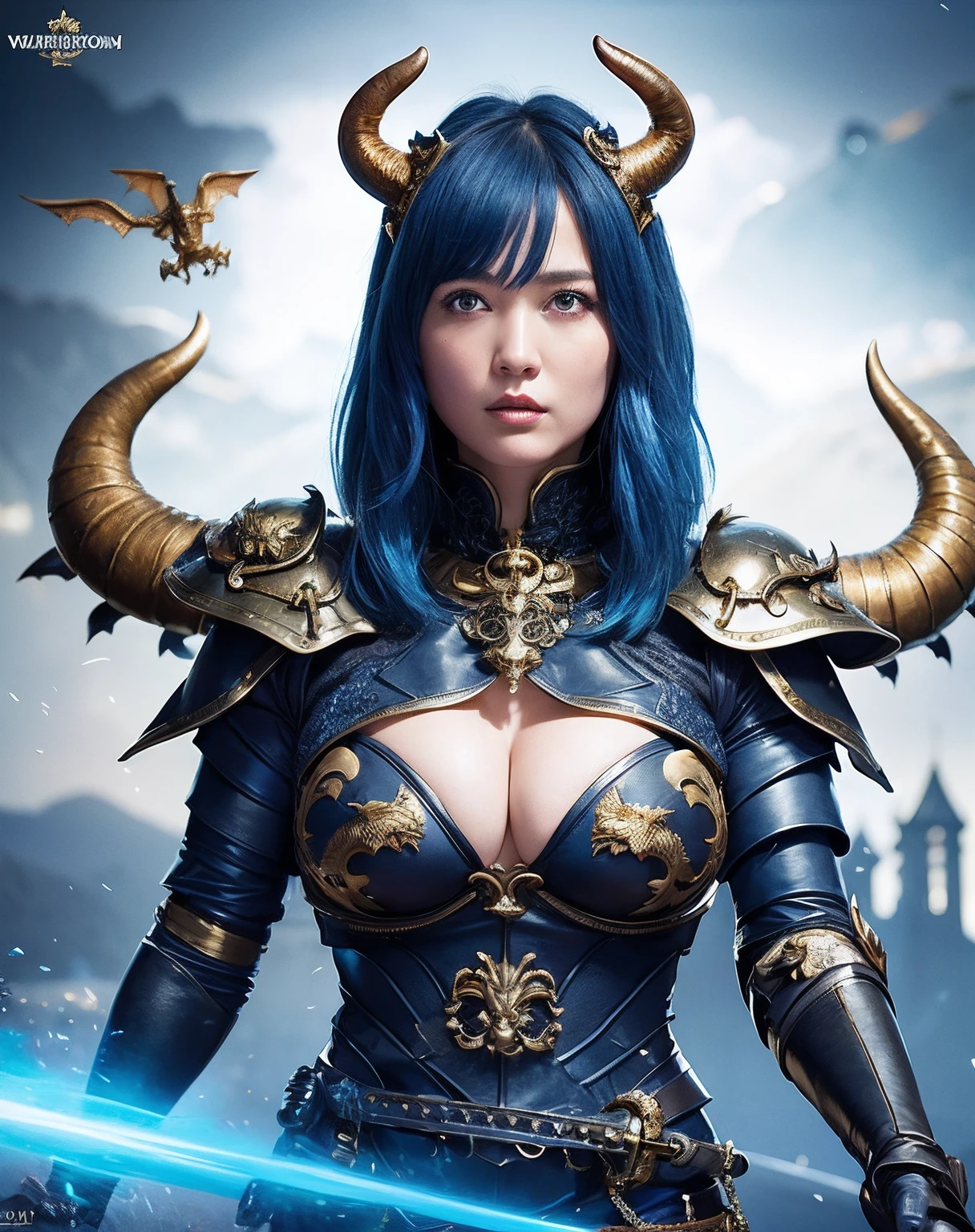 Professional , ​masterpiece、top-quality、photos realistic , depth of fields 、（Gemstone Blue Metal Body:1.２),(Matte Blue Black、（）、gold patterns、Wind-effect、Light Effects、Wind-effect、(Micro Bikini Armor)、（cleavage of the breast）、Dragon Gold Weapon（Dragon Metal Body:1.４),Gorgeous gold weapons ,（Particles of light）、 ,Fight legions of soldiers in skeleton armor ,（fierce look）、Mystical expression、-yeld beiful girl、（（ Dragon's dense and gorgeous sword）） , Ultimate Beauty   、（（Blue hair））、（Castle background）、Fight dragons、Fight with weapons、（（Gangle's forest background））、Beautiful Caucasian beauty、（１a person）、dynamic ungle,(((Details of the two demon horns on the head)))、Smaller head、A smile、Castle background、Thin and beautiful female hands、cleavage of the breast、Soldier in iron armor on background、Mystical expression、Light Effects、Wind-effect、magic circles、With the legendary magic wand、（demonic wings）、（Blue hair）、（1 persons）、Battle Look、Anatomically correct body、Toostock、Toostock、knee、Fight soldiers with skeleton armor ,