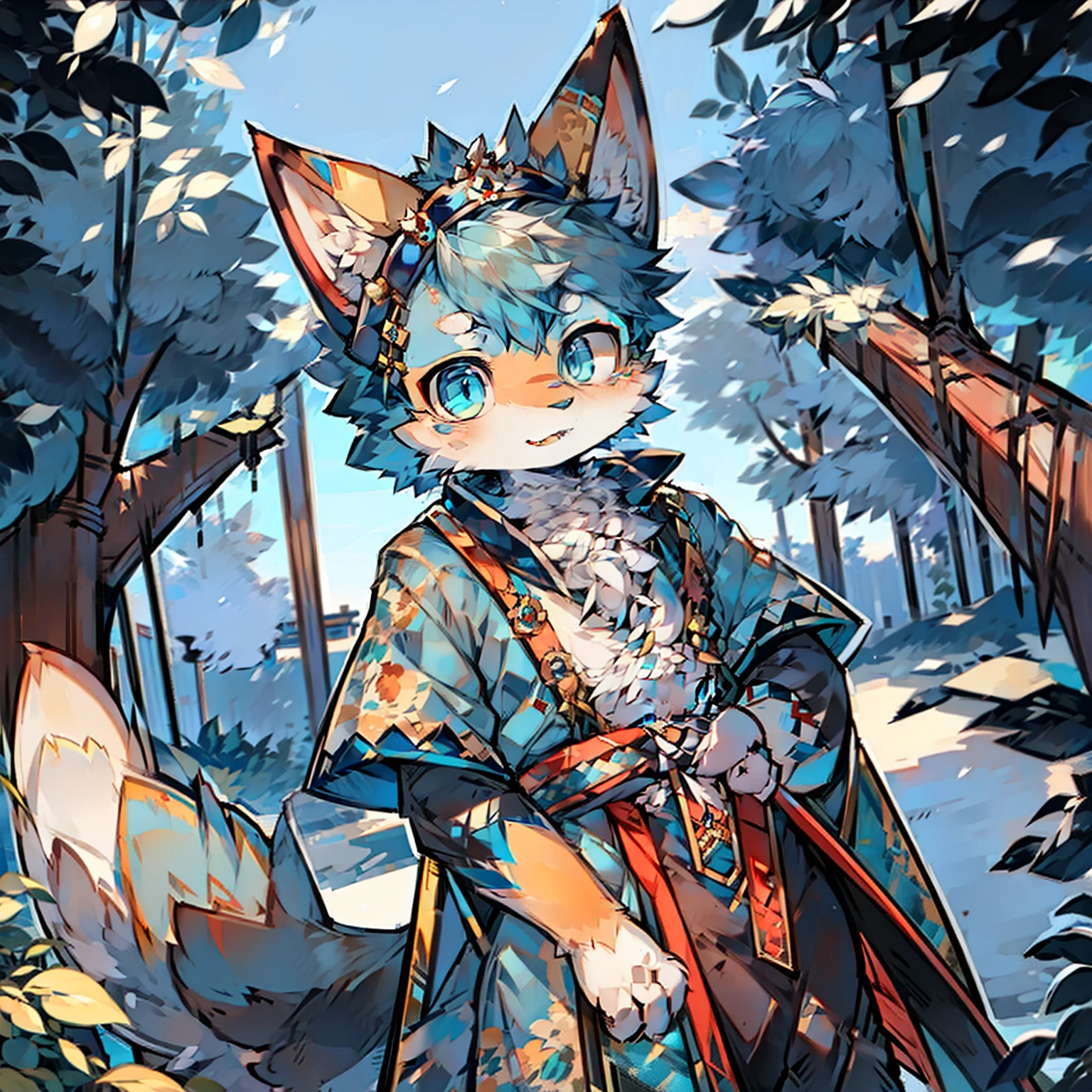 girl fox，eBlue eyes，Blue hair，Traditional Chinese clothing，palaces