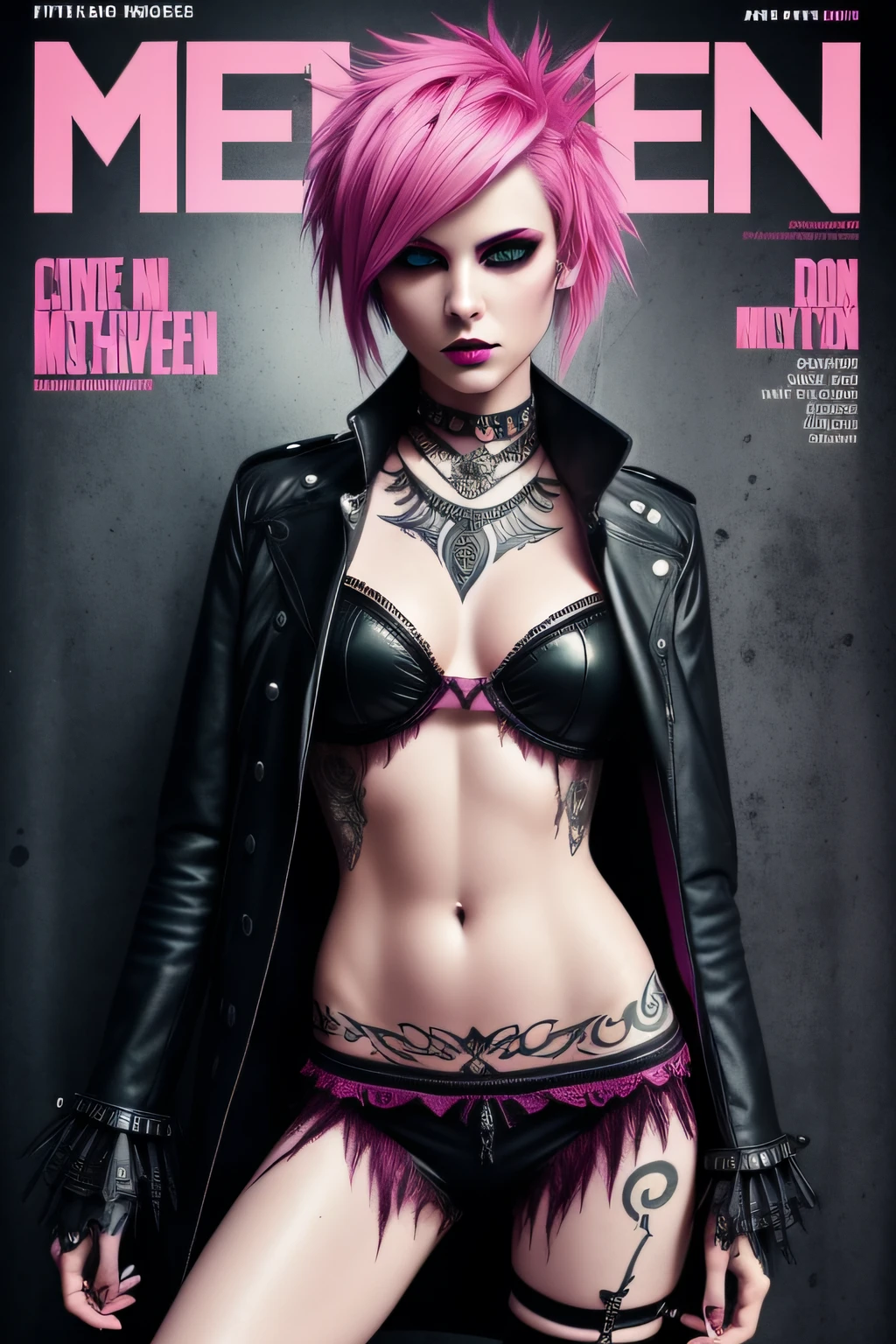 cover men's magazine, fullbody shot of a female punk ornate dark pink fairy, possessed eyes, imperfect wet skin, anthropomorphic, dark colors, fashionable, cool, outdoor photography, minimalism, sharp aperture