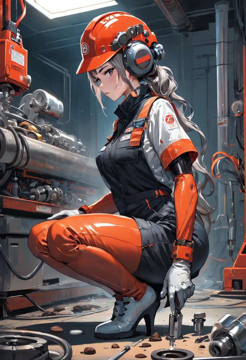 "A masterpiece illustration of masterpiece, best quality, ultra-detailed, illustration, 1girl, solo, shiny, reflective, latex, work suit, voluptuous, body, squatting, detailed, work shoes, messy, workshop, industrial, high heels, black, red, silver, metallic, gloves, goggles, protective, equipment, machinery, tools, sparks, dirt, grime, oil, stains, sweat, exhaust, pipes, gauges, dials, buttons, levers, cables, wires, hydraulic, systems, hydraulic press, crane, pulley, welding, torch, grinder, drill, saw, hammer, screwdriver, wrench, pliers, spanner, toolbox, fire extinguisher, first aid kit, ventilation, ducts, light fixtures, emergency exit, warning signs, caution tape, posters, calendar, coffee mug, dirty, workbench, storage, shelves, bins, lockers, hard hat, safety vest, ear muffs, face shield, respirator, smoke, fumes, debris, concrete floor, concrete walls, metal beams, rivets, bolts, screws, nuts, washers, chains, ropes, hooks, clamps, magnets, bearings, lubricants, fluids, solvents, adhesives, lubrication, maintenance, repair, overhaul, upgrade, installation, assembly, fabrication, customization, prototype, research, development, testing, quality control, inspection, certification, compliance, regulation, standard, efficiency, productivity, innovation, excellence, satisfaction, teamwork, dedication, professionalism, empowerment, diversity, equality, respect, safety culture, industrial fashion, sci-fi, cyberpunk, dystopian

 as a skilled Mechanic fixing a car, showcasing perfect body proportions and a flawlessly detailed head, in high definition."