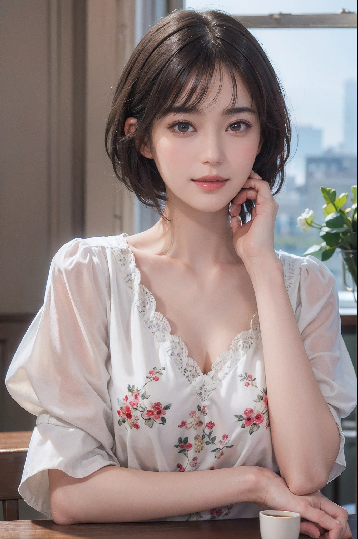 (Masterpiece:1.3), (8K picture quality), Photorealsitic, Raw photo,  (Best Quality: 1.4), (1womanl), Pretty Face, (Realistic face), (A dark-haired, Short hair:1.3), Beautiful hairstyle, Realistic eyes, Detailed fine eyes, (Realistic skin), Beautiful skin, ((Breasttop)), Absurd, Attractive, Ultra-detailed resolution, the golden ratio, Very detailed, depth of fields, By the window of the café, A slight smil, Floral clothing