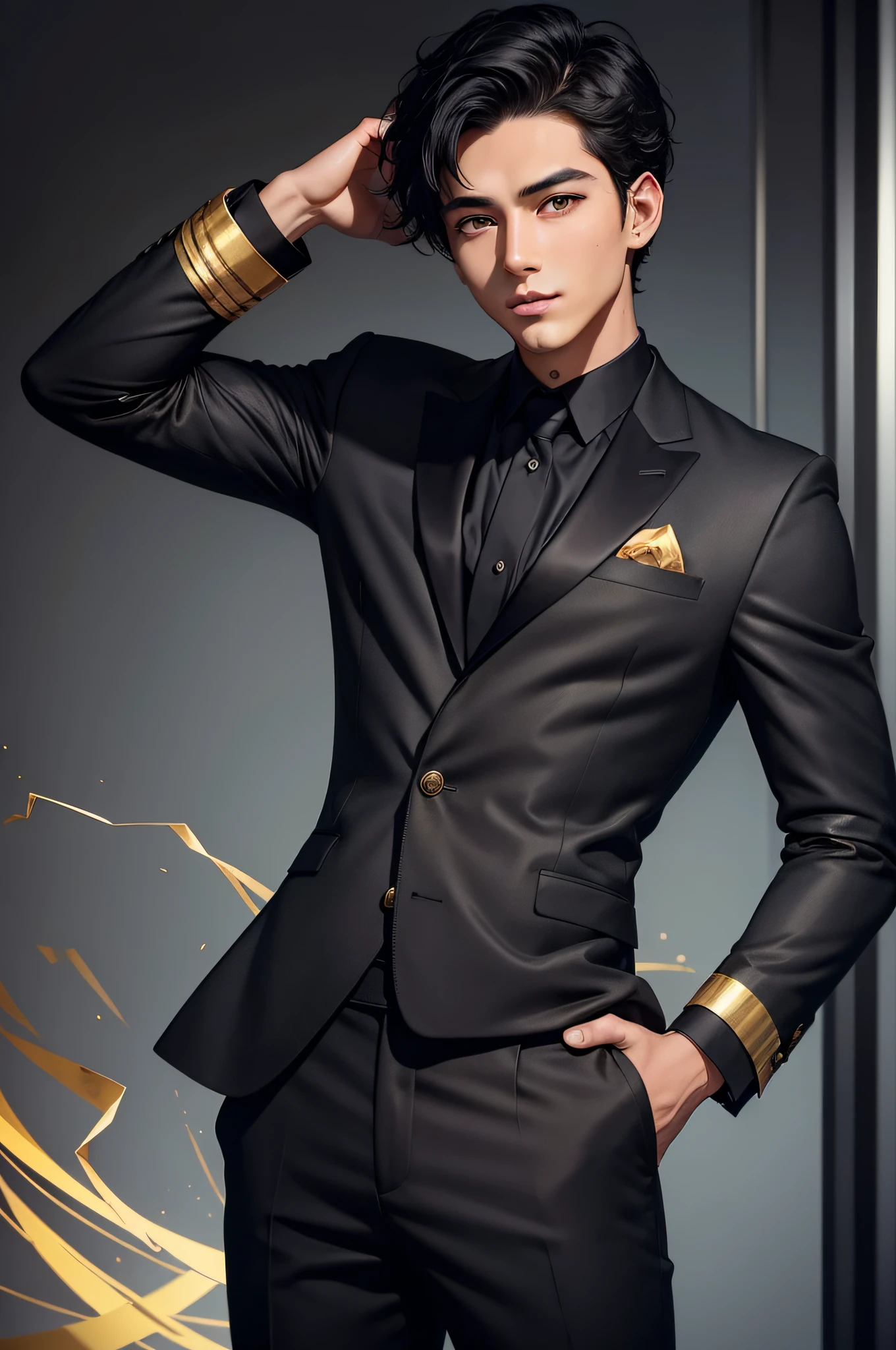 24-year-old boy, Short jet-black hair, grey  eyes, Black suit with gold elements, ​masterpiece, hiquality