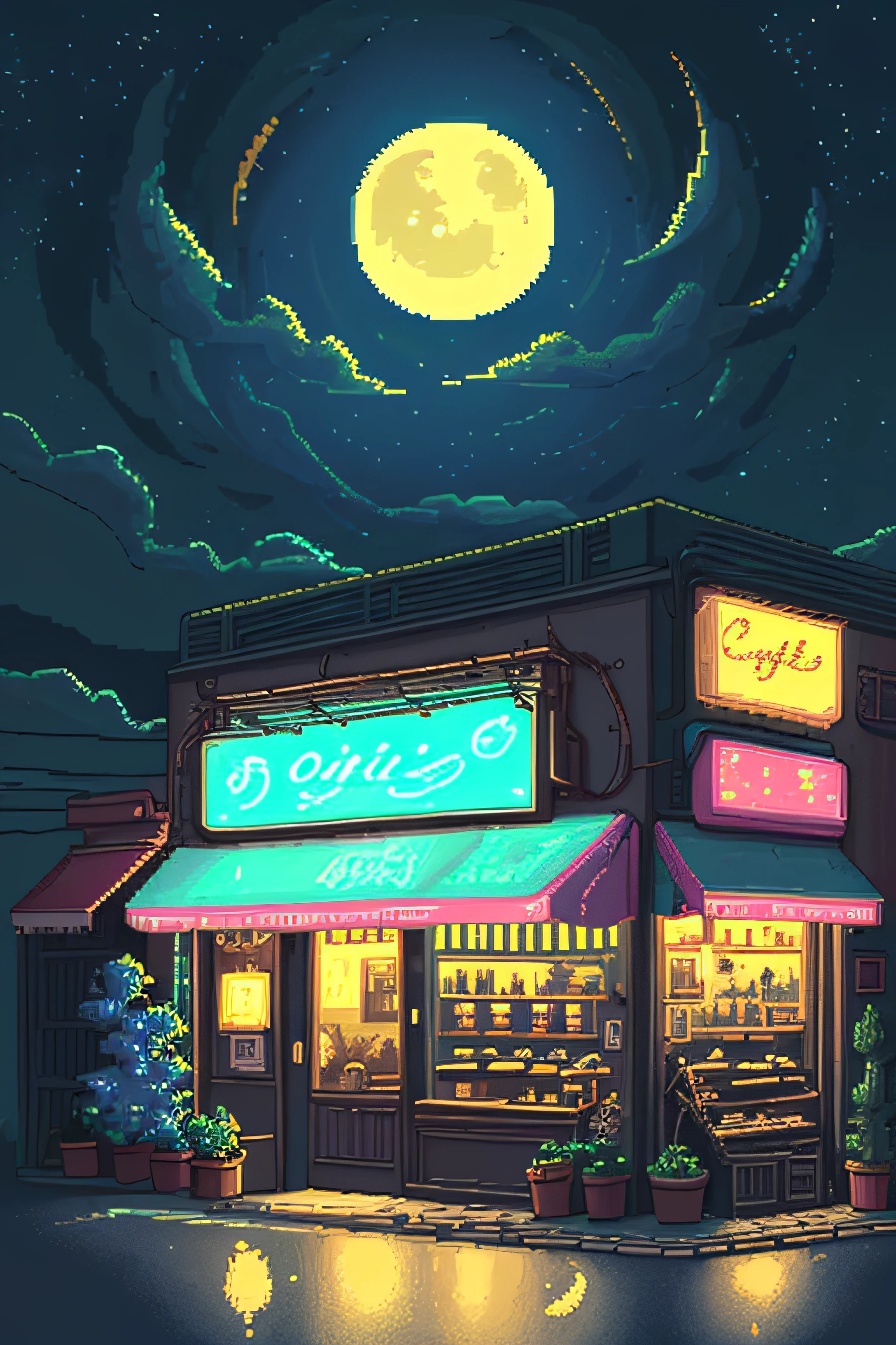 no humans, outdoors, sky, night, moon, plant, coffe shop, star (sky), night sky, scenery, city, sign, potted plant, wide shot, crescent moon, neon lights, pixel art, pixel