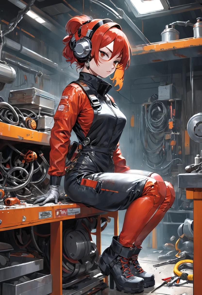 "A masterpiece illustration of masterpiece, best quality, ultra-detailed, illustration, 1girl, solo, shiny, reflective, latex, work suit, voluptuous, body, squatting, detailed, work shoes, messy, workshop, industrial, high heels, black, red, silver, metallic, gloves, goggles, protective, equipment, machinery, tools, sparks, dirt, grime, oil, stains, sweat, exhaust, pipes, gauges, dials, buttons, levers, cables, wires, hydraulic, systems, hydraulic press, crane, pulley, welding, torch, grinder, drill, saw, hammer, screwdriver, wrench, pliers, spanner, toolbox, fire extinguisher, first aid kit, ventilation, ducts, light fixtures, emergency exit, warning signs, caution tape, posters, calendar, coffee mug, dirty, workbench, storage, shelves, bins, lockers, hard hat, safety vest, ear muffs, face shield, respirator, smoke, fumes, debris, concrete floor, concrete walls, metal beams, rivets, bolts, screws, nuts, washers, chains, ropes, hooks, clamps, magnets, bearings, lubricants, fluids, solvents, adhesives, lubrication, maintenance, repair, overhaul, upgrade, installation, assembly, fabrication, customization, prototype, research, development, testing, quality control, inspection, certification, compliance, regulation, standard, efficiency, productivity, innovation, excellence, satisfaction, teamwork, dedication, professionalism, empowerment, diversity, equality, respect, safety culture, industrial fashion, sci-fi, cyberpunk, dystopian
as a skilled Mechanic fixing a car, showcasing perfect body proportions and a flawlessly detailed head, in high definition."