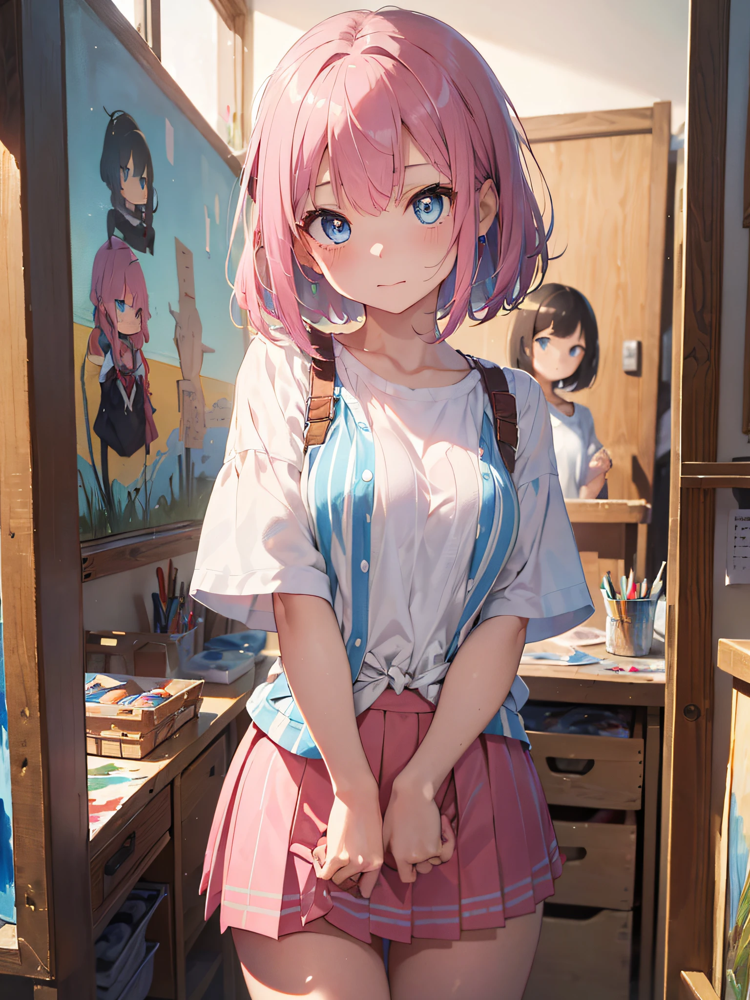 (masterpiece), (top-quality), Top quality ultra-detailed CG art、Upper body naked、(pupils on:1.2)Pink head、Glossy hair、smooth hair、large blue eyes,Mid summer、Delicate body、cheerful girl、Tying hair、、bob cuts、vertical stripes、Art Room、Painting、student clothes、shortsleeves、a miniskirt、