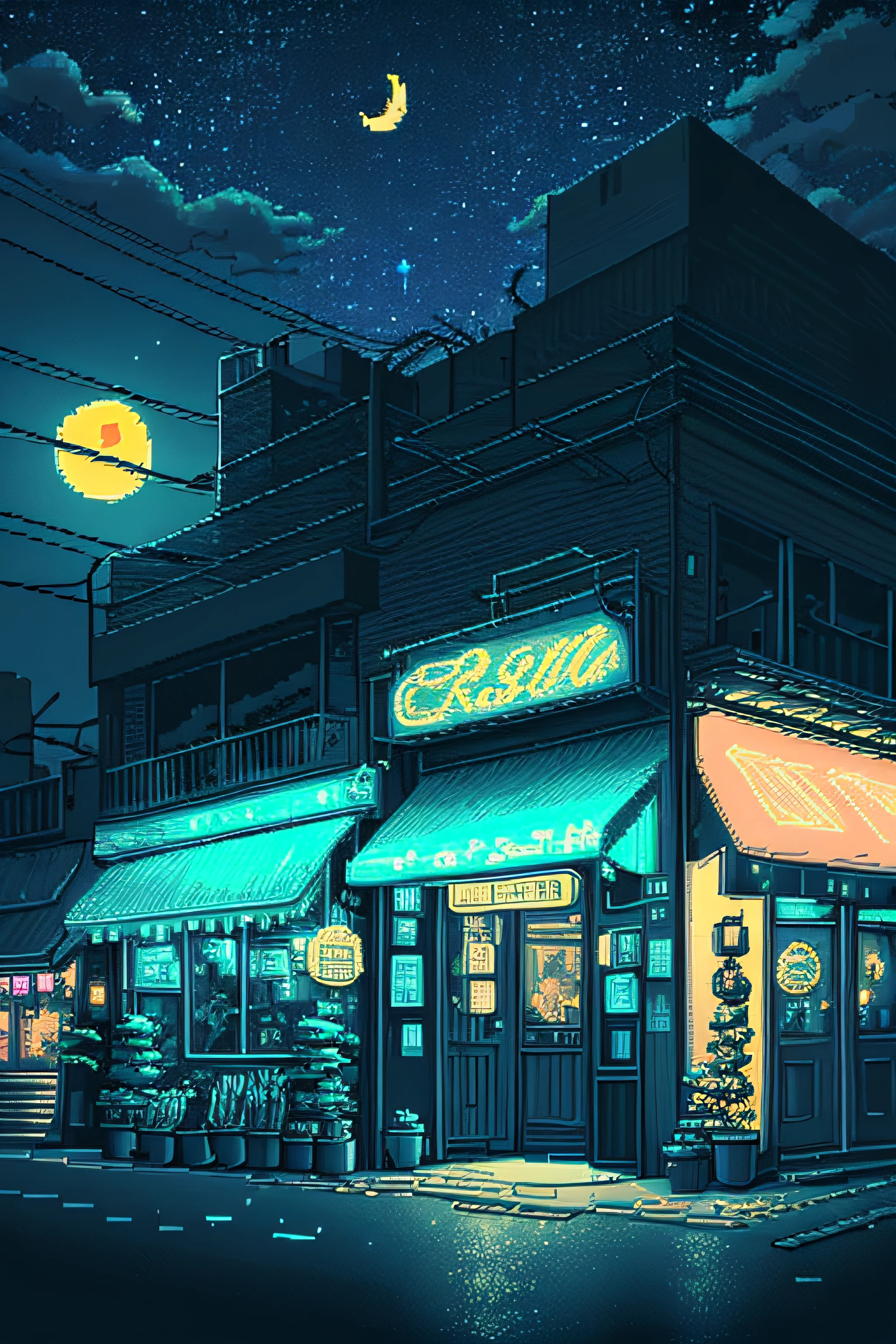 no humans, outdoors, sky, night, moon, plant, coffe shop, star (sky), night sky, scenery, city, sign, potted plant, wide shot, crescent moon, neon lights, pixel art, pixel