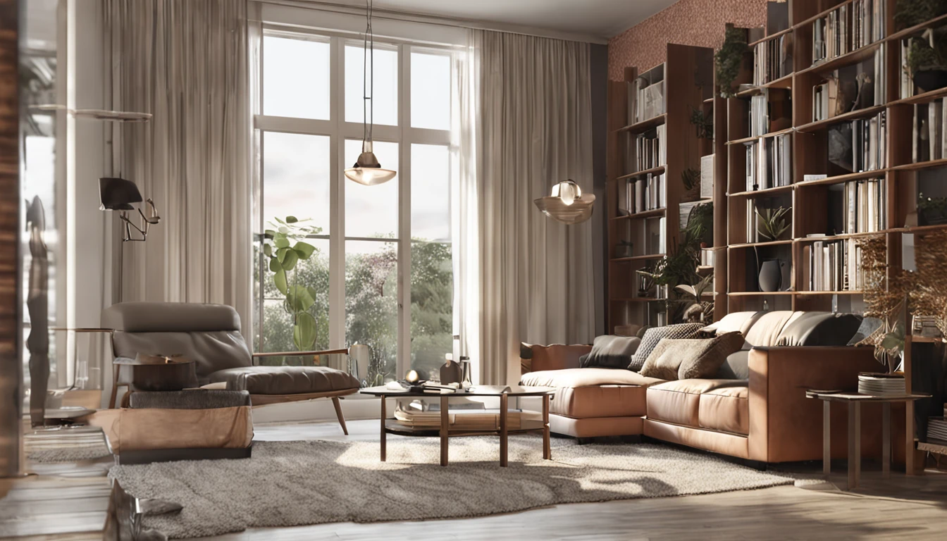 You are a famous interior designer,and was commissioned to create a 3D image of a modern large study. Create a harmonious environment with modern and minimalist furniture. Some houseplants are included,Make it look fresher.