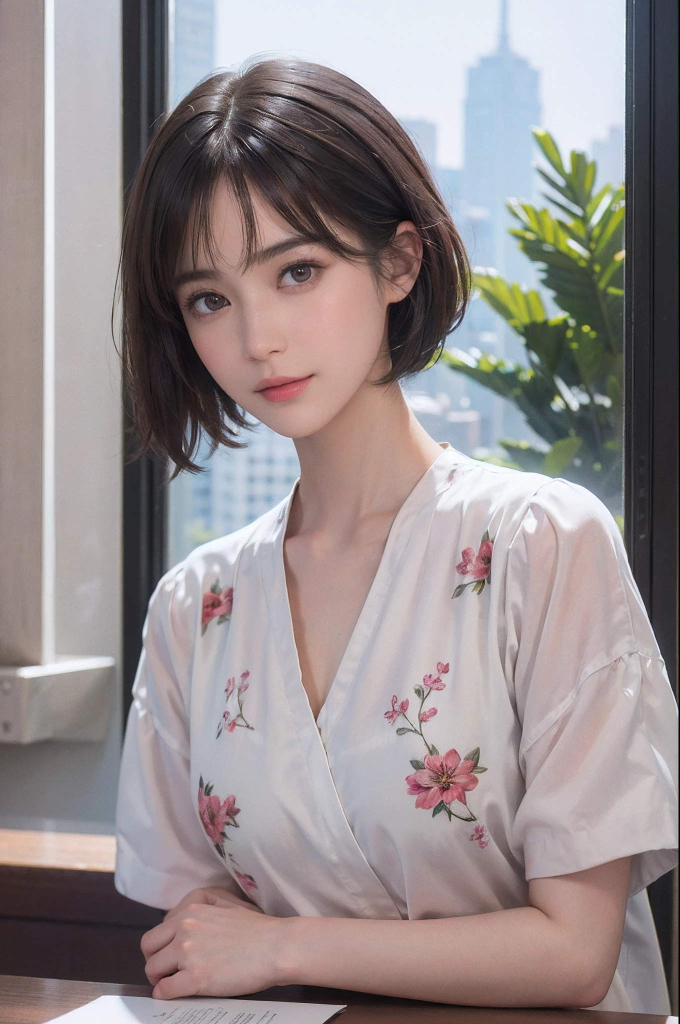 (Masterpiece:1.3), (8K picture quality), Photorealsitic, Raw photo, (Best Quality: 1.4), (1womanl), Pretty Face, (Realistic face), (A dark-haired, Short hair:1.3), Beautiful hairstyle, Realistic eyes, Detailed fine eyes, (Realistic skin), Beautiful skin, ((Breasttop)), Absurd, Attractive, Ultra-detailed resolution, the golden ratio, Very detailed, depth of fields, By the window of the café, A slight smil, Floral clothing