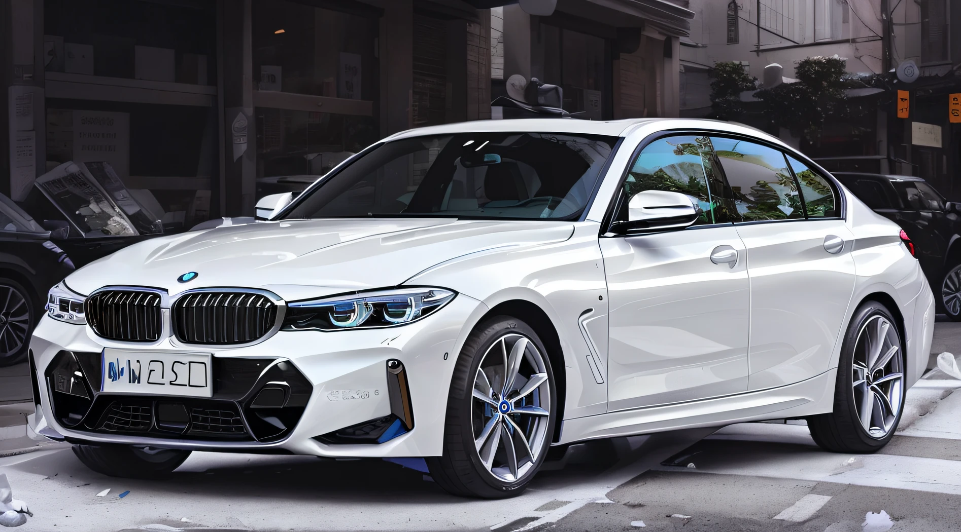 Medium view of a white BMW car parked on a city street, bmw, F 3 2, F32, hyperrealistic”, ultra realistic”, white metallic, “hyper realistic, 🤬 🤮 💕 🎀, 3/4 Front view, new vehicle, portrait shooting, hyper detailed hyper detailed, front profile, s line, ultra - detailed!