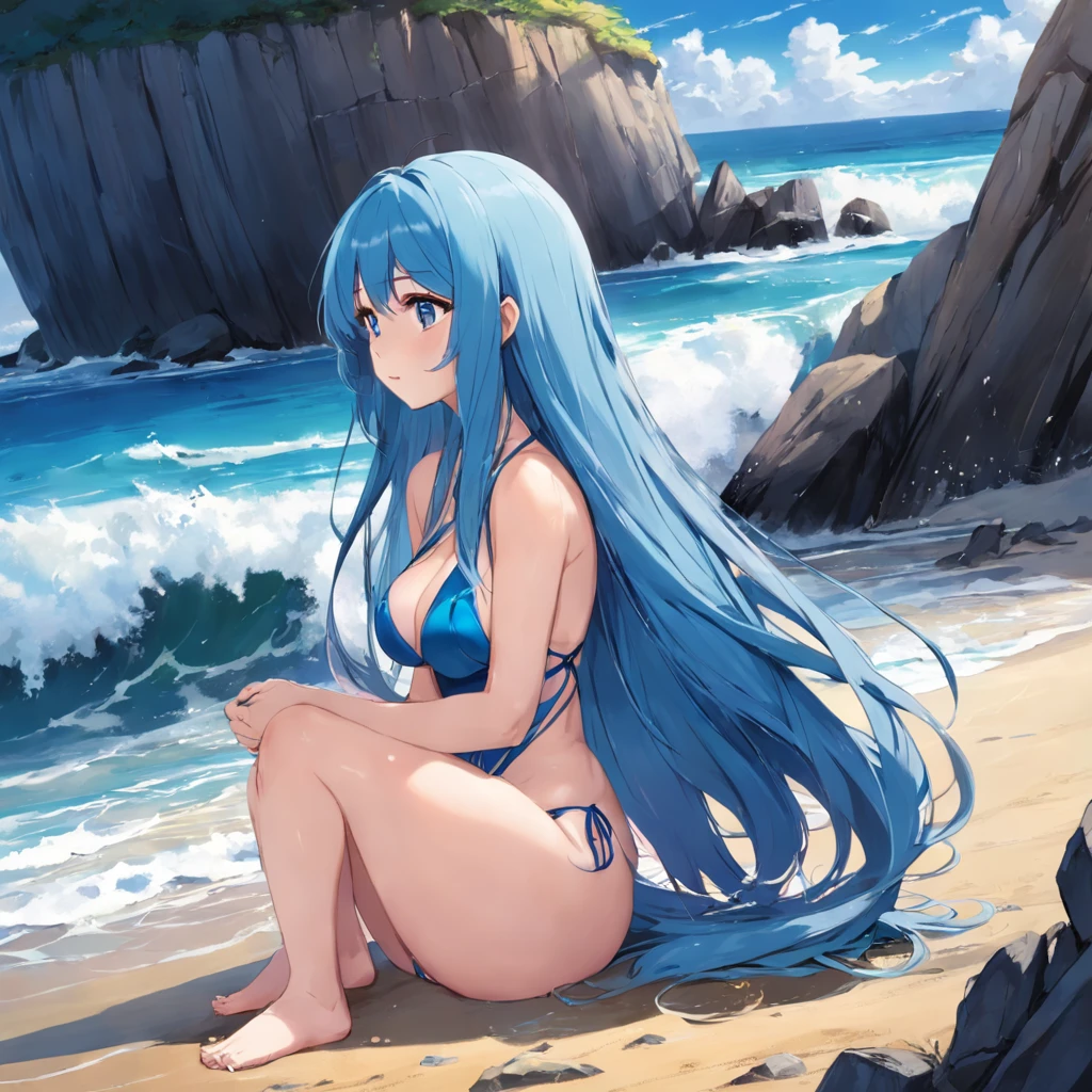 1girl,long blue hair, large breasts, micro bikini, sitting on rock, beach setting, hair flowing in breeze