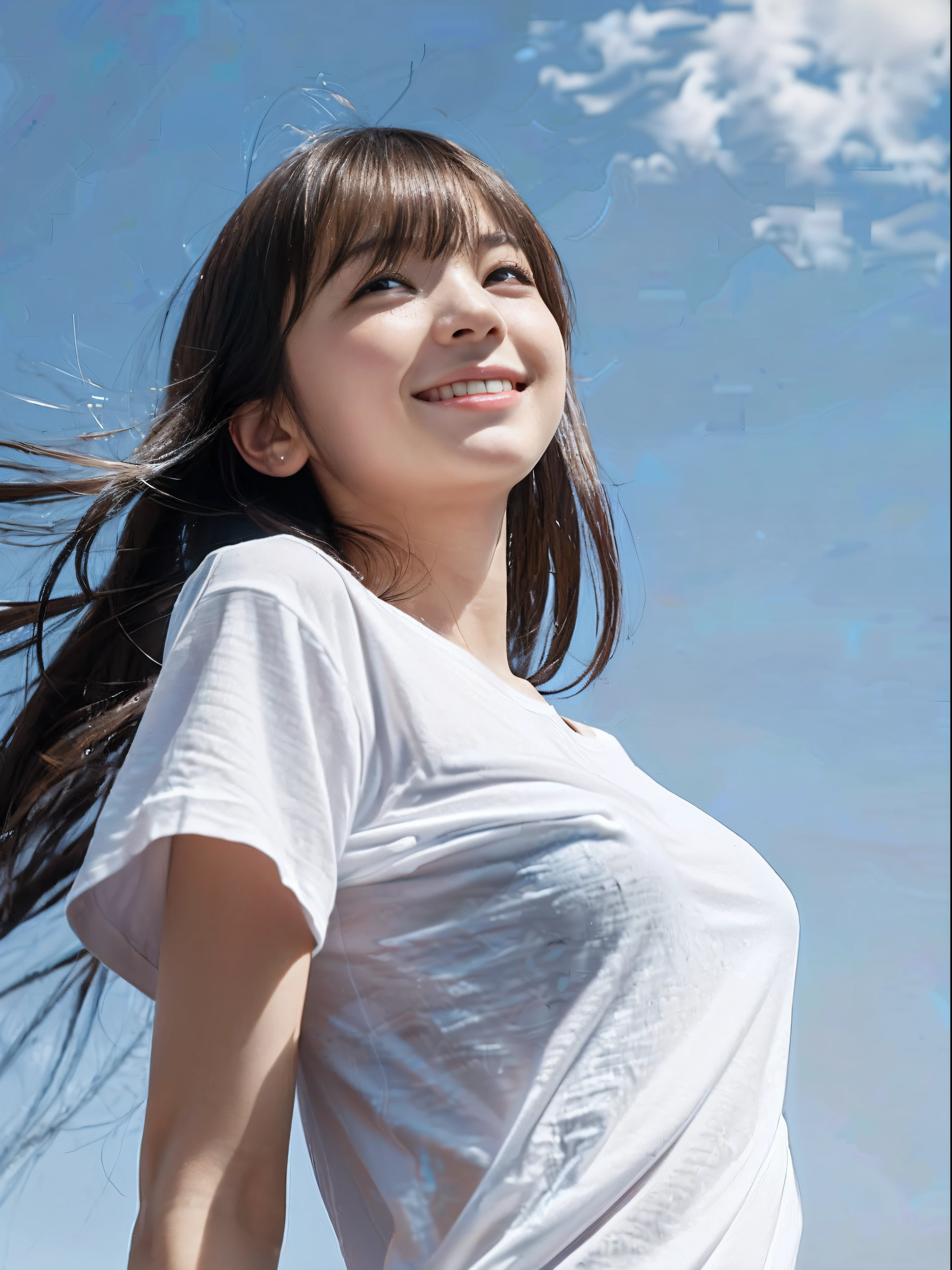 (One girl with slender small breasts and long hair with dull bangs in a white t-shirt:1.5)、(One girl looking up the sky with thin smile :1.3)、(Low angle shot :1.5)、(Beatiful big blue sky:1.5)、(Perfect Anatomy:1.3)、(No mask:1.3)、(complete fingers:1.3)、Photorealsitic、Raw photography、masutepiece、top-quality、hight resolution、delicate and pretty、face perfect、Beautiful detailed eyes、Fair skin、Real Human Skin、pores、((thin legs))、(Dark hair)