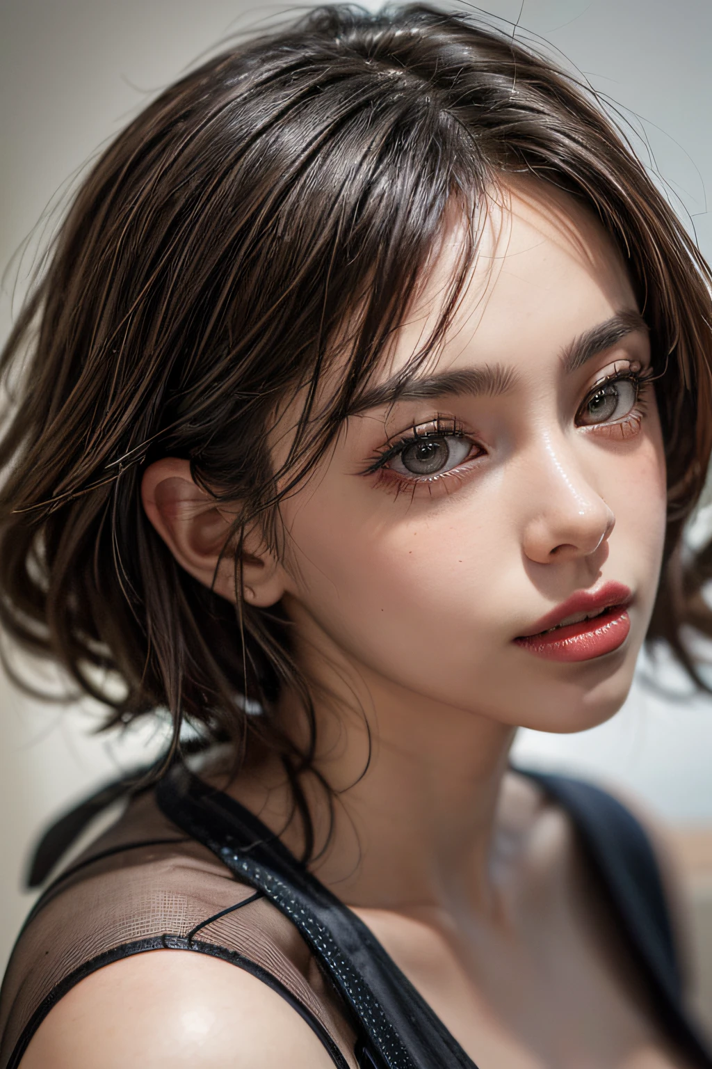 1womanl, 50 years old, hyperdetailed face, Detailed lips, A detailed eye, Double eyelids, shinny skin, breastsout, ighly detailed, ultra-detailliert, 超A high resolution, Cowboy Shot, (Photorealsitic:1.4), (top-quality), (Best Shadows), detaileds, Perfect litthing, A dark-haired、short-haired, (Colossal tits:1.3), Inside the museum