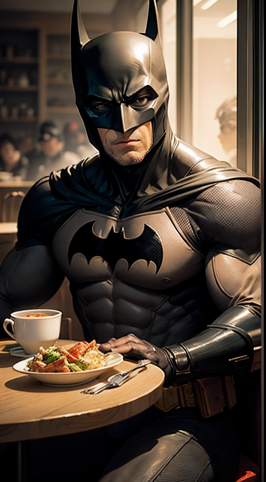 ((Masterpiece, best quality)) , Batman on the restaurant, sitting on the table, by Frank Frazetta