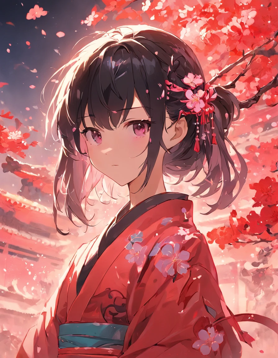 Danfeng Eyes,bushido,The upper part of the body,Black coiled hair,Simple hairpins,Cold eyes,solo person,orthofacial,frontage,Peach blossom background,Highly saturated colors,Hyper Real,8K high-definition,holding a longsword,Absolutely beautiful,high light,plethora of colors,The carpet of red brocade has already been laid,Ladies standing on both sides,Where the procession passes,Spread the petals of the sky。