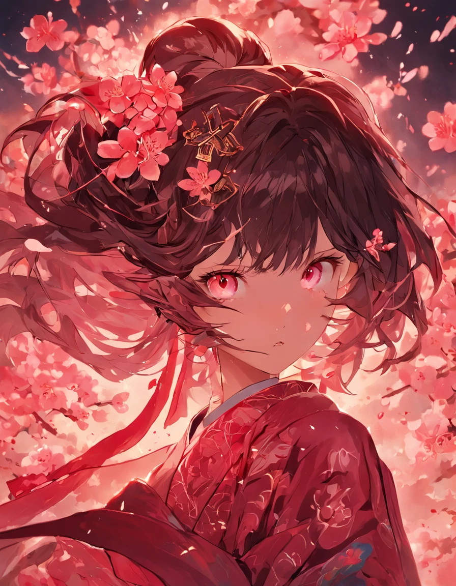 Danfeng Eyes,bushido,The upper part of the body,Black coiled hair,Simple hairpins,Cold eyes,solo person,orthofacial,frontage,Peach blossom background,Highly saturated colors,Hyper Real,8K high-definition,holding a longsword,Absolutely beautiful,high light,plethora of colors,The carpet of red brocade has already been laid,Ladies standing on both sides,Where the procession passes,Spread the petals of the sky。
