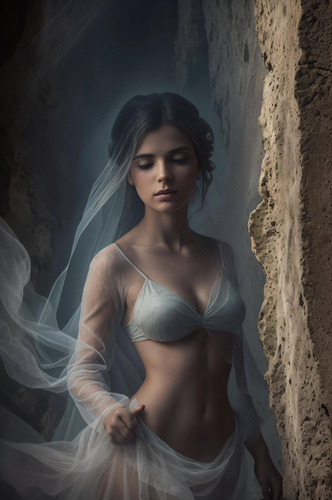 Mulher guerreira celta, Stone ruins, alta e esbelta, corpo inteiro, Vestido Fluindo com Joias Celtic Knot,  Poster design, 300 dpi, soft-lighting, ethereal art, misterioso, serene expression, Atmosfera encantadora, 8k, dynamic action, pale faded style, nostalgic dreamer, Foco suave, vinhetas escuras, vazamentos de luz, medium shot photograph, Ethereal dark artistic painting, caprichoso, foto granulada