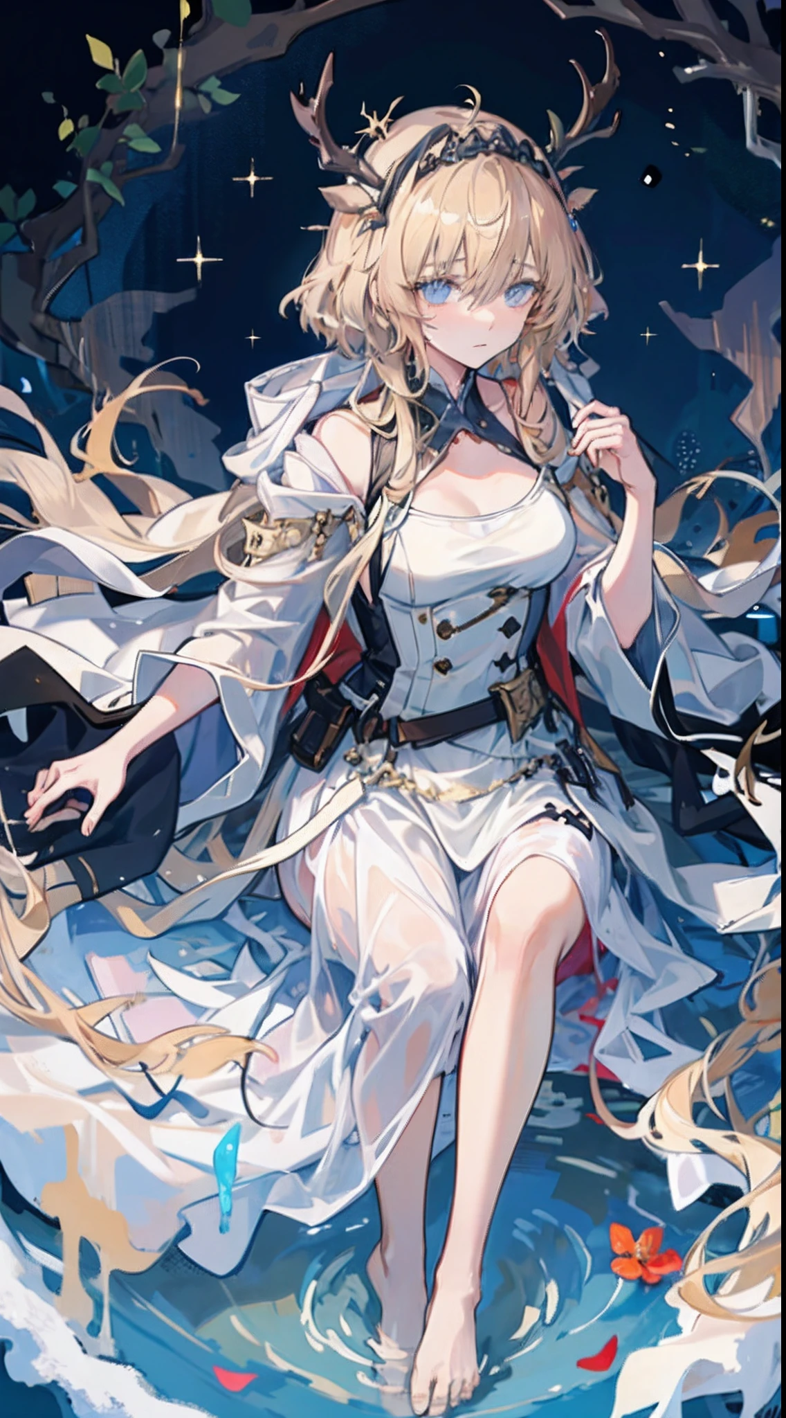 tmasterpiece，Best quality at best，one-girl，Solo，White skirt，A princess，nobles，apathy，There was a faint sadness in his eyes，opulent，Barefoot，Golden-white gradient hair，Float on snow-covered water，diadems